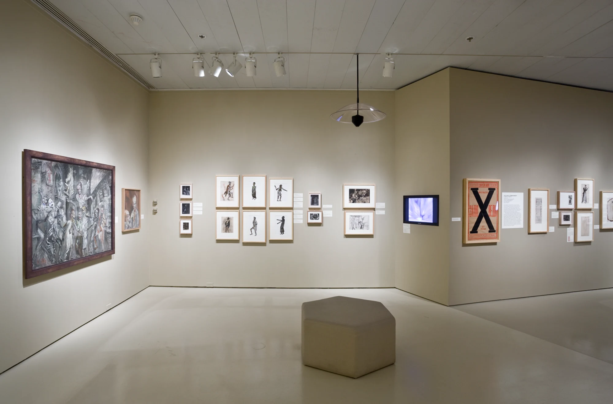 paintings, hexagon seat, gallery