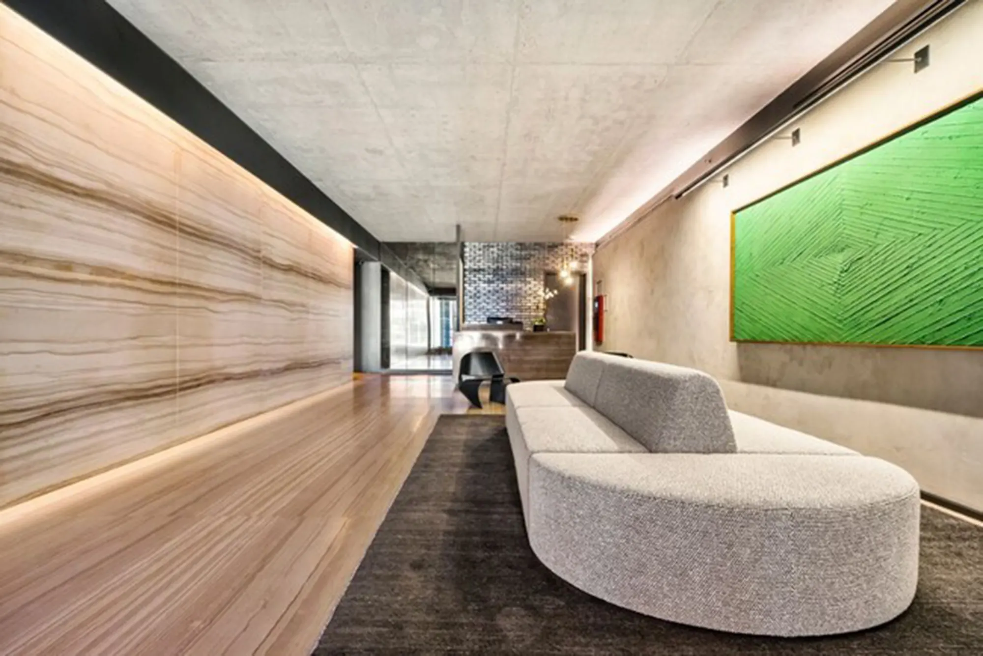 lobby, sofa, stone, artwork