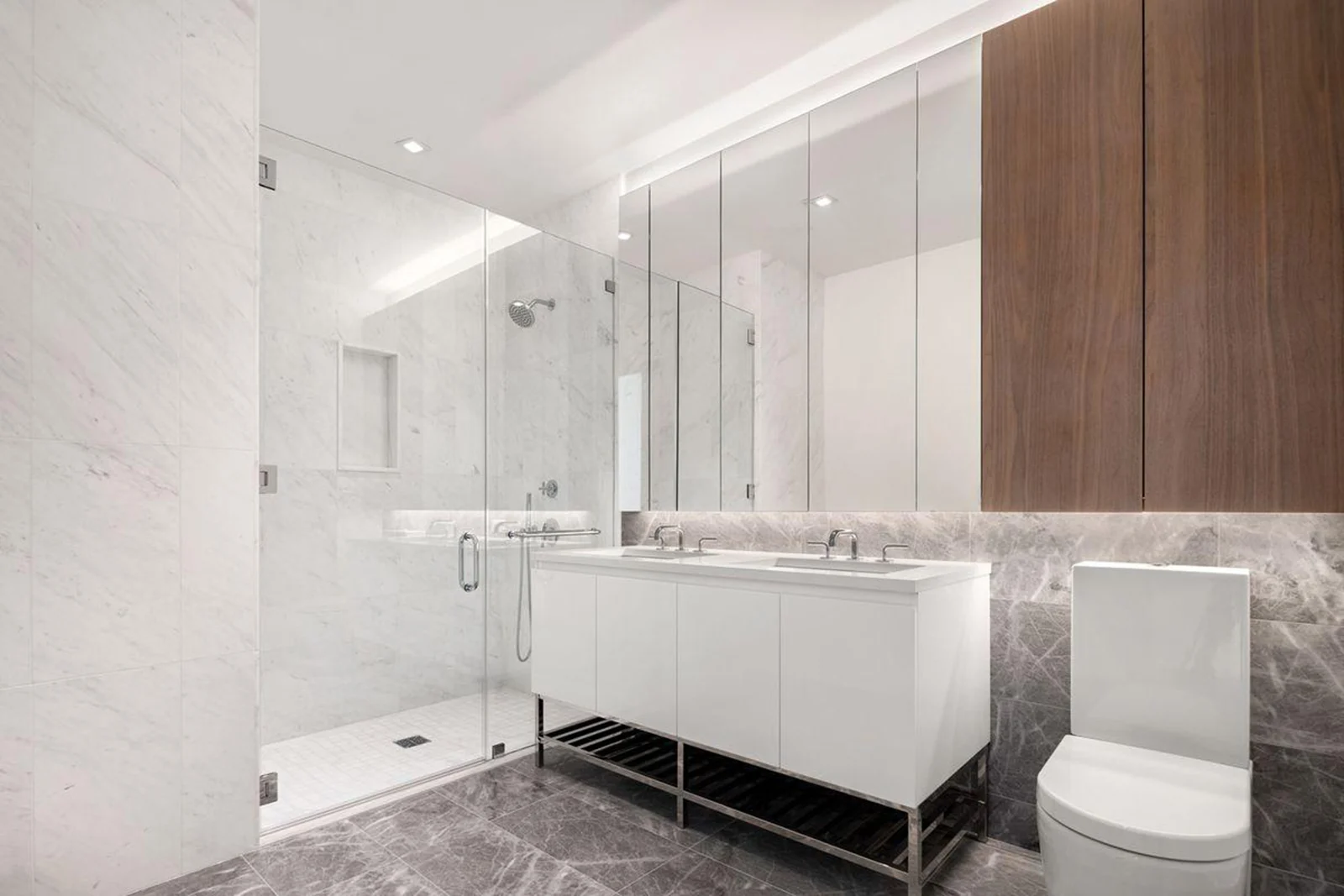 bathroom, vanity, walnut, shower, marble tile