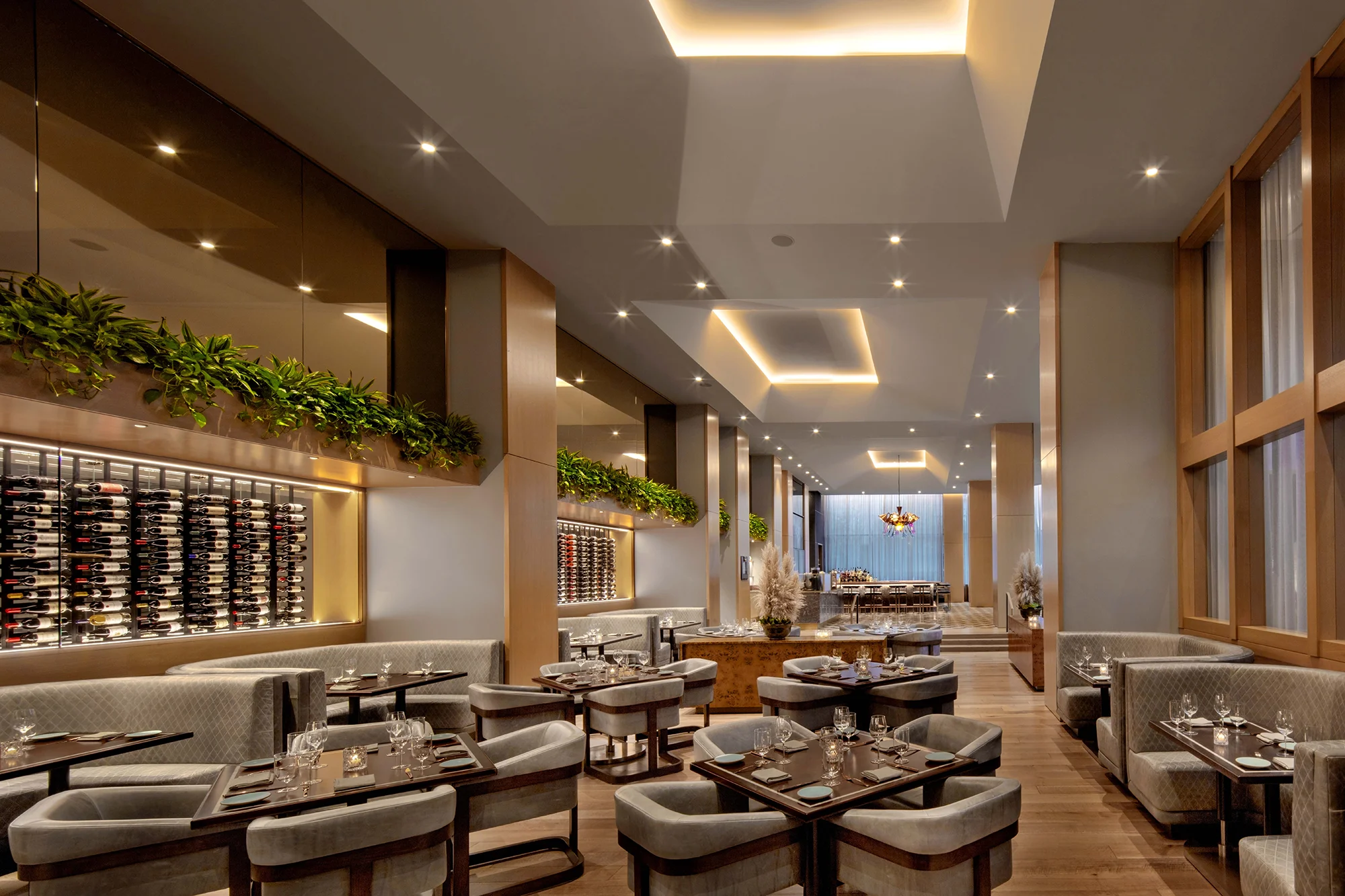 Restaurant, tables, chairs,  plants, wine bottles, lighting, wood