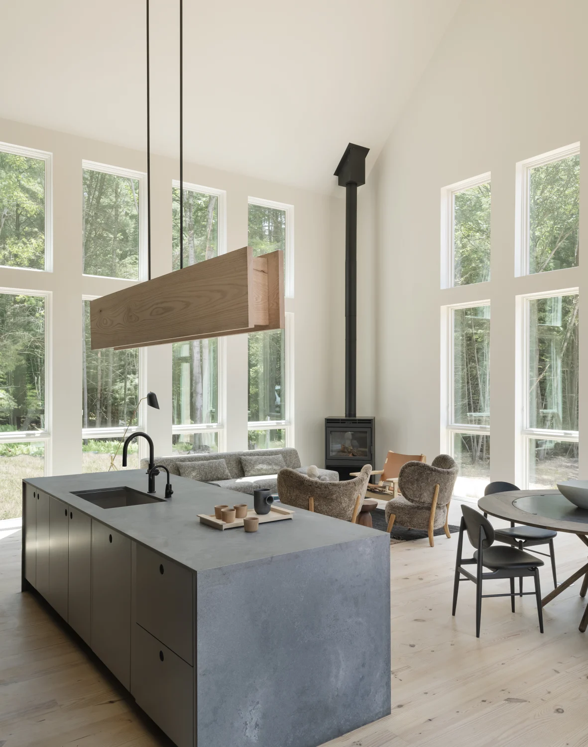 kitchen, light, counter, dining, living room