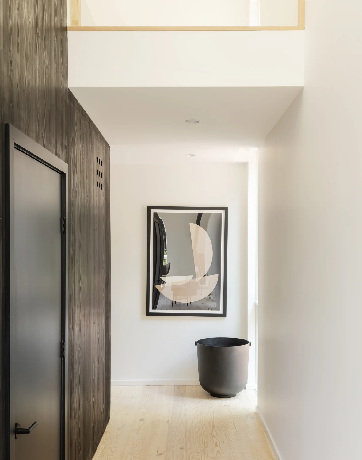 hallway, contrast, light, wood, art