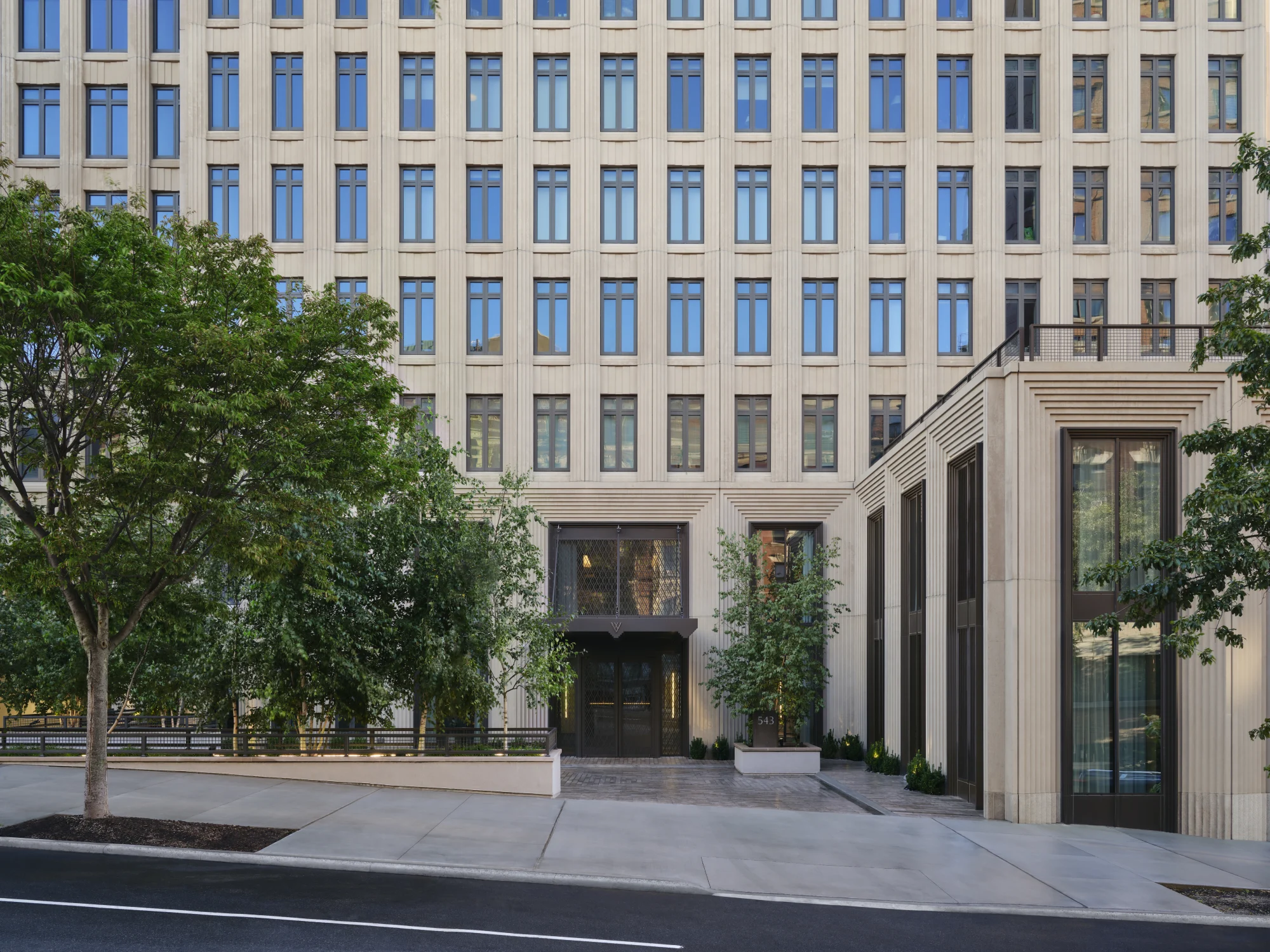 courtyard, entrances, front facade, windows, trees, linearity, trees