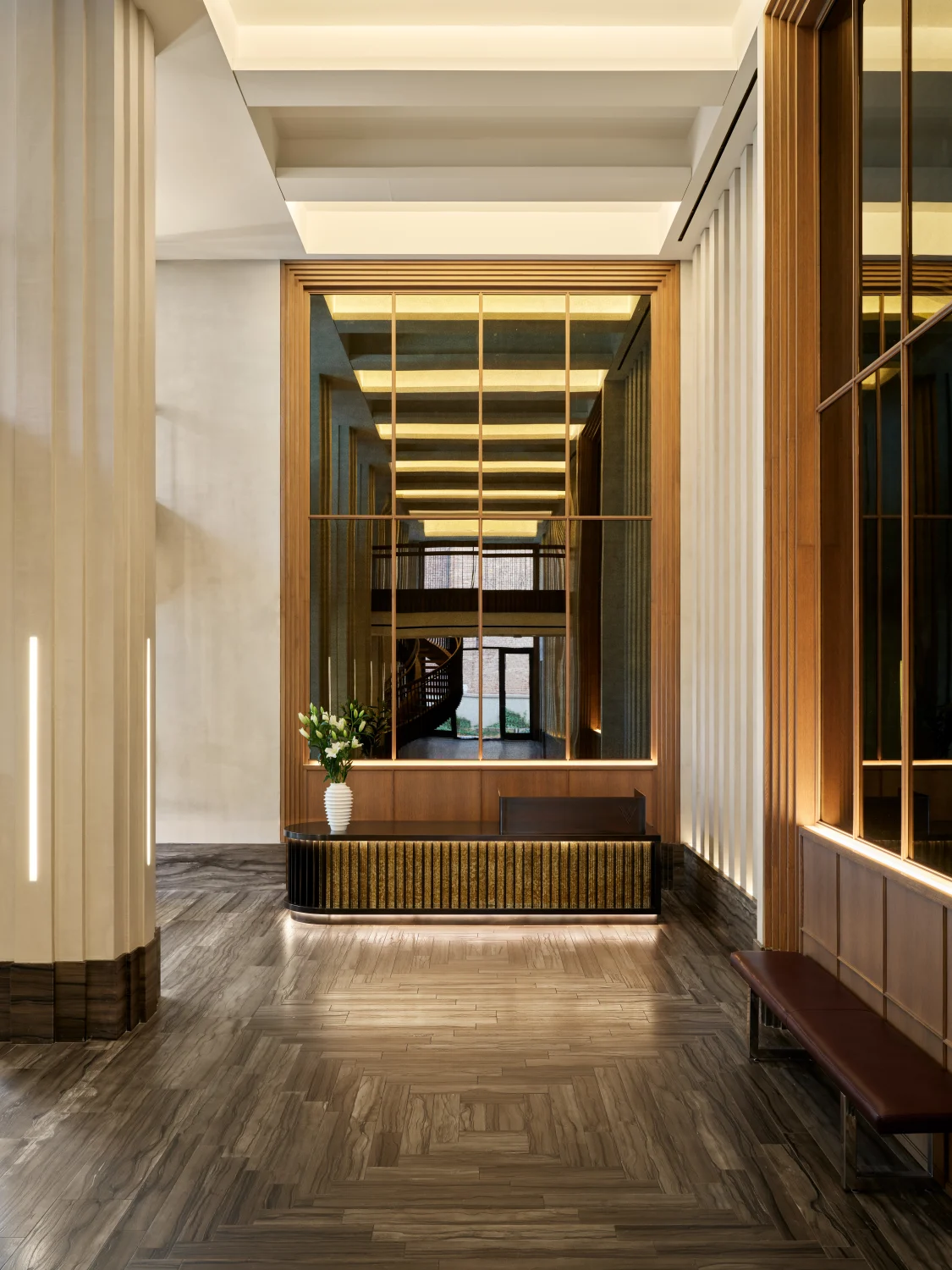 LOBBY, entrance, reception, vase, plant, mirror, spiral staircase, bench, wood flooring, lighting