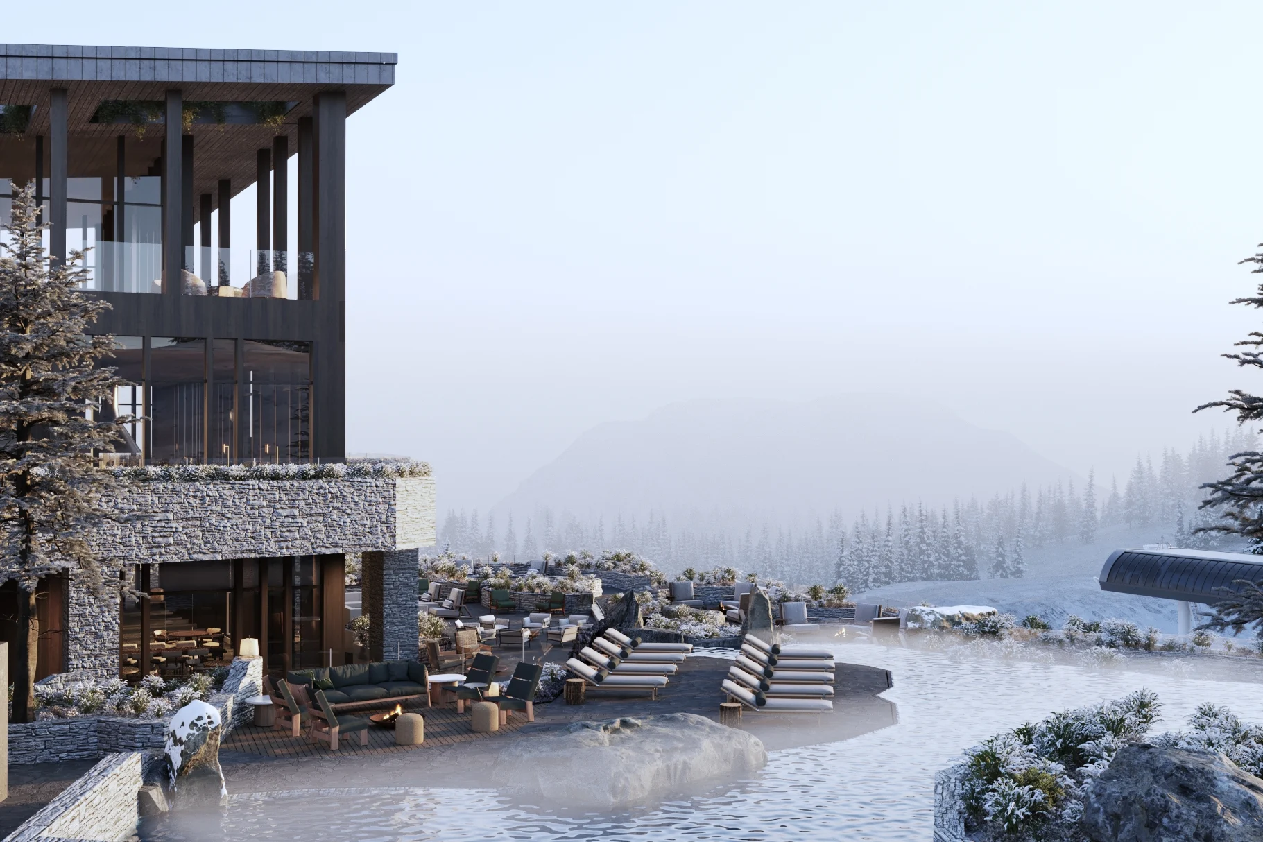 lodge, deck, pool, lounge, stone, outdoor, snow