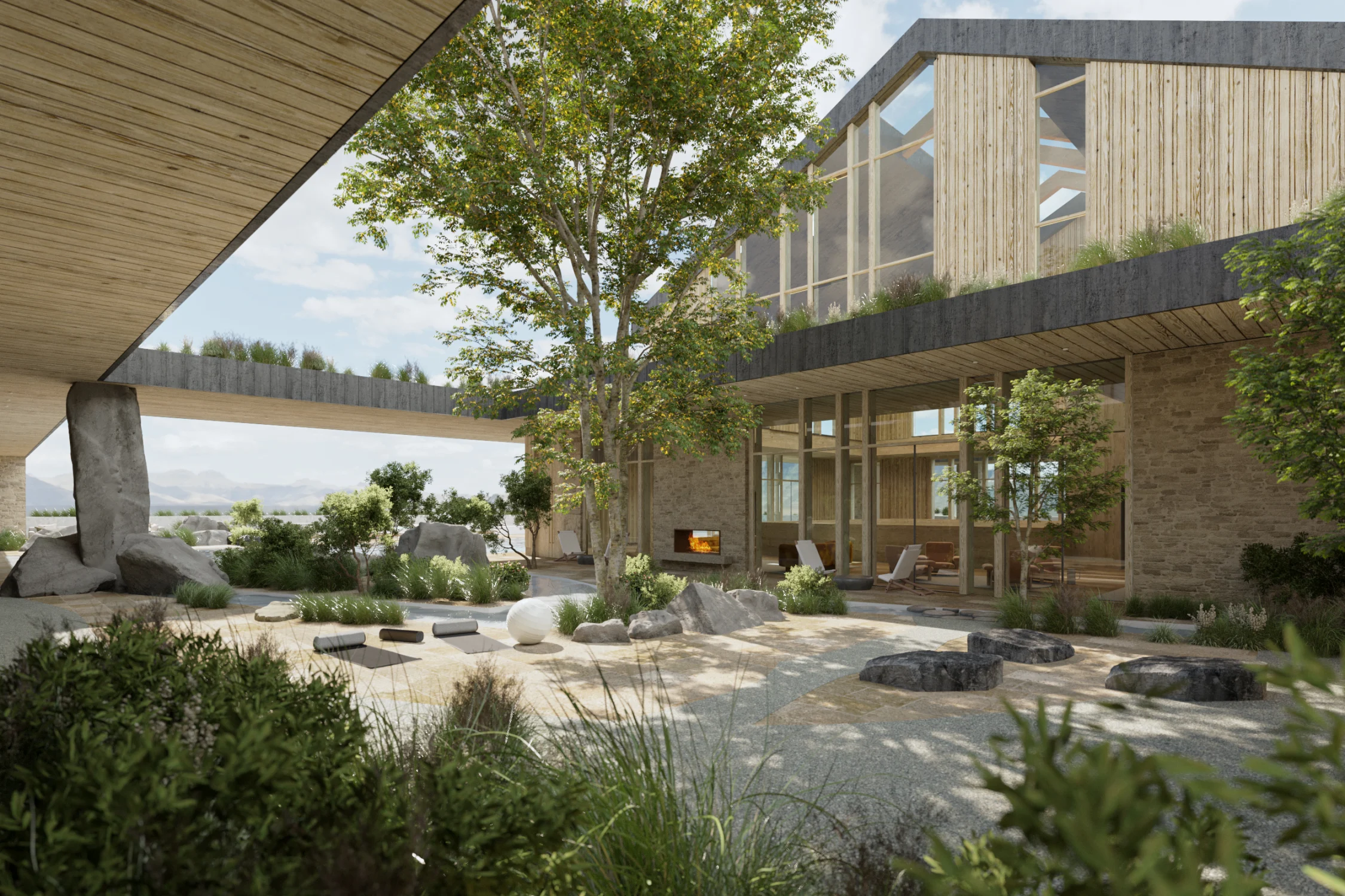 garden, yoga, outdoor, courtyard, rocks, plants, glazing, wood, gravels