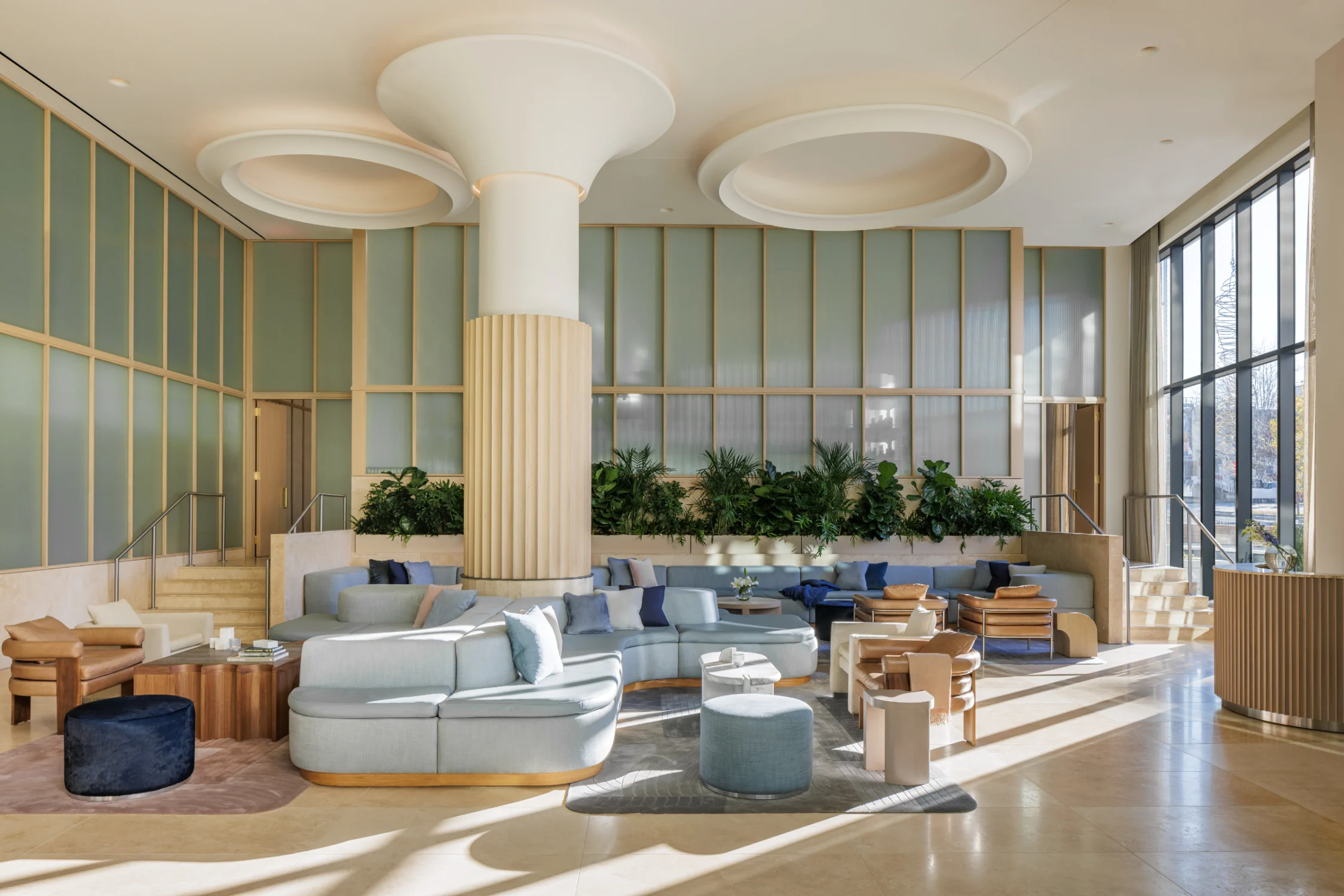 lobby, sofa, column, pouf, blue, mushroom column, glazing, wood, rugs