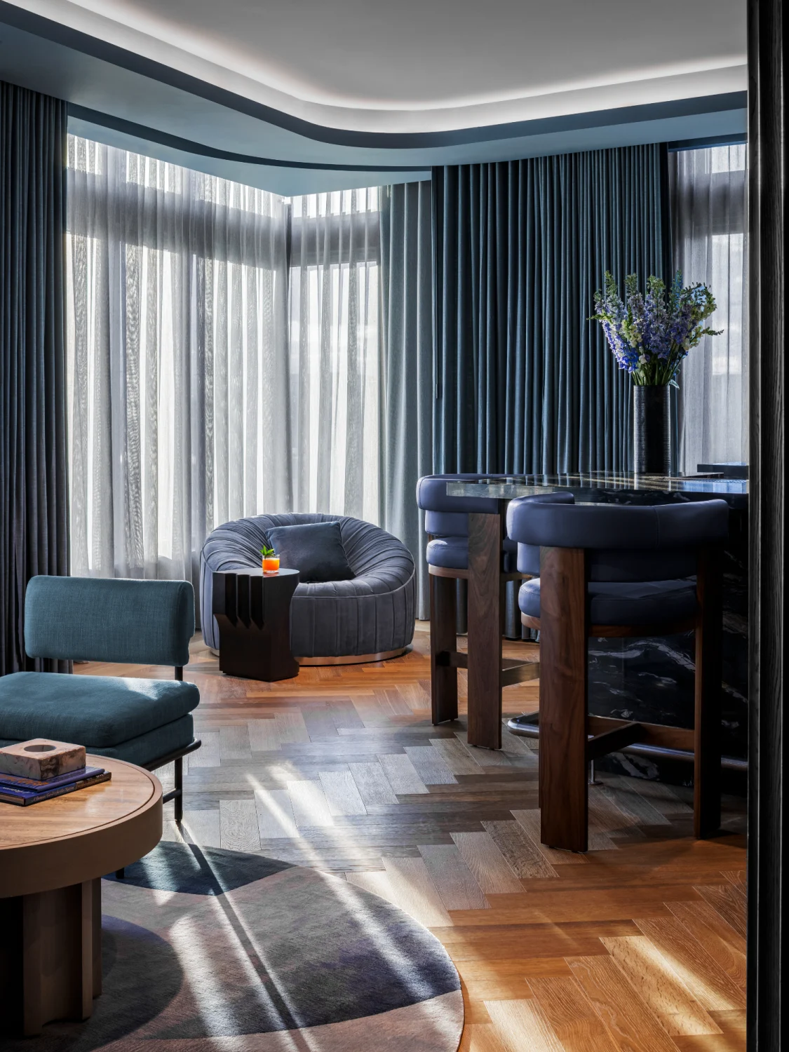 vesper, chair, lounge, drapery, curtains, rug, herringbone