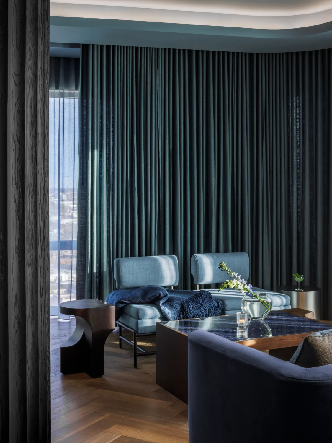 vesper, lounge, sofa, drapery, turquoise, coffee table