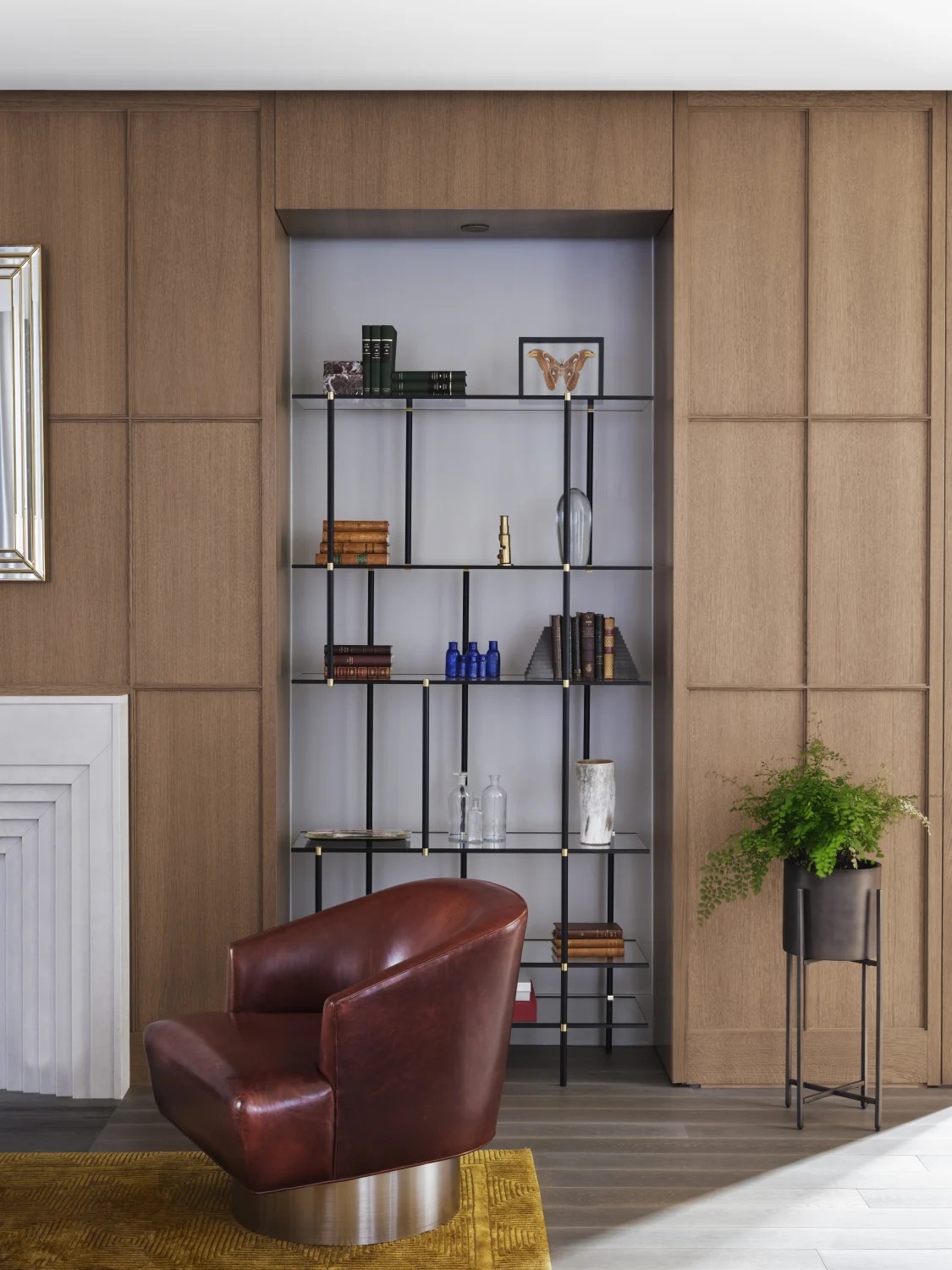 chair, niche, shelving, planter, wood panels, leather, rug, natural light