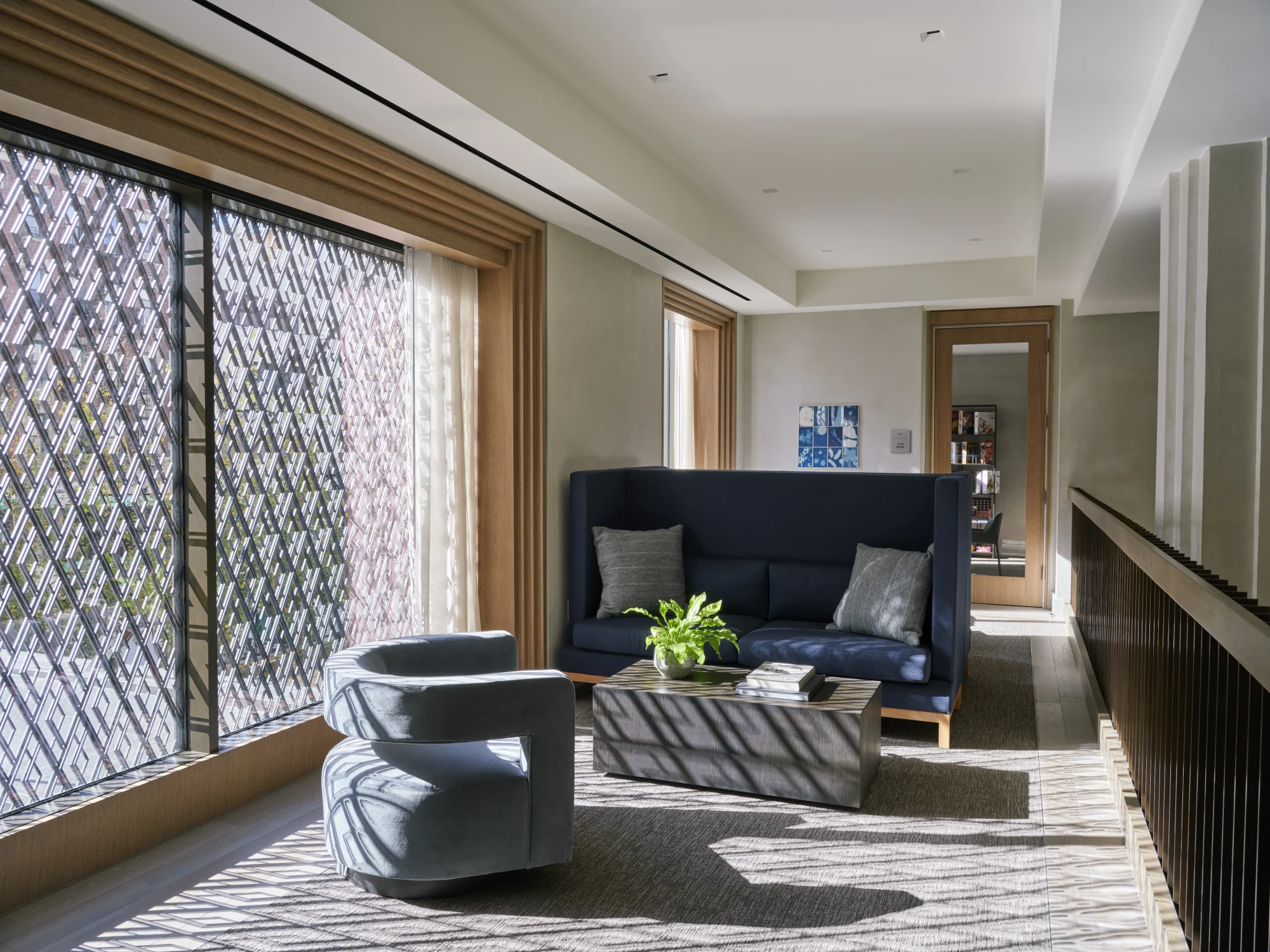 sofa, coffee table, chair, window detail, lounge natural light, railing, rug, art