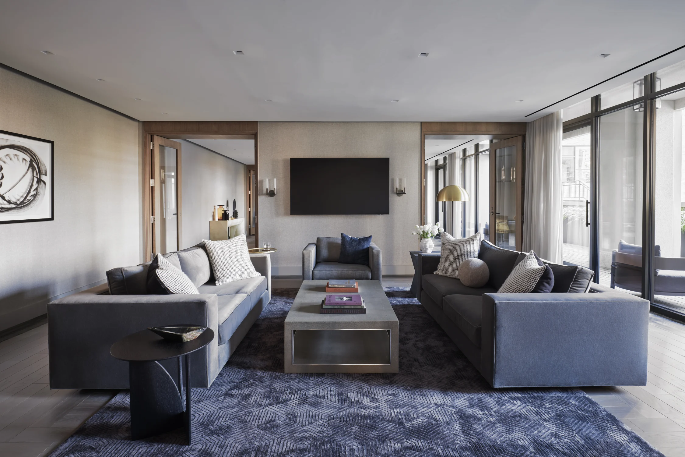 lounge, sofa, living area, seating, coffee table, rug, television, blue, glazing, wood