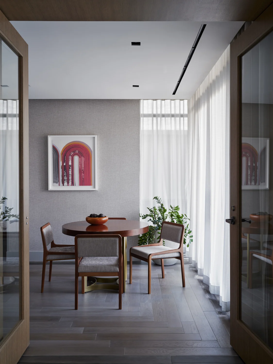 dining, drapery, table, chair, art, planter, wood flooring