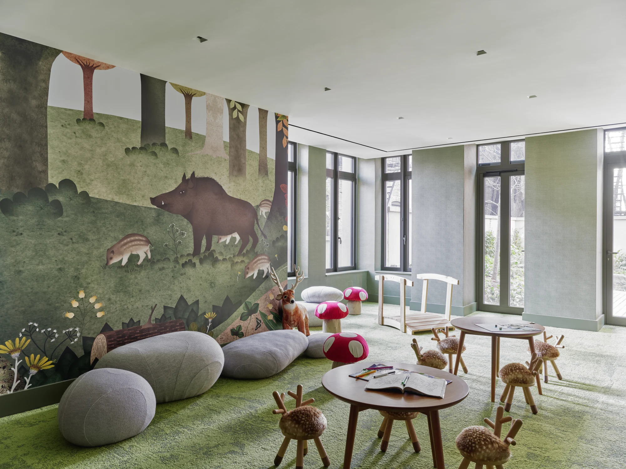 children, playroom, poof, wallcovering, carpet, green, natural light