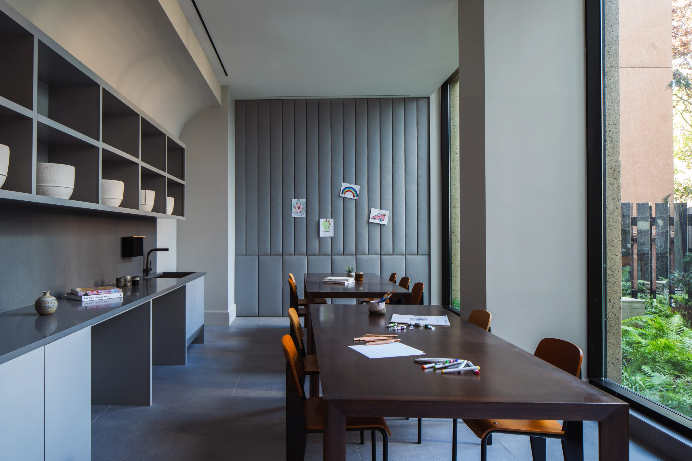 art studio, tables, windows, cabinets