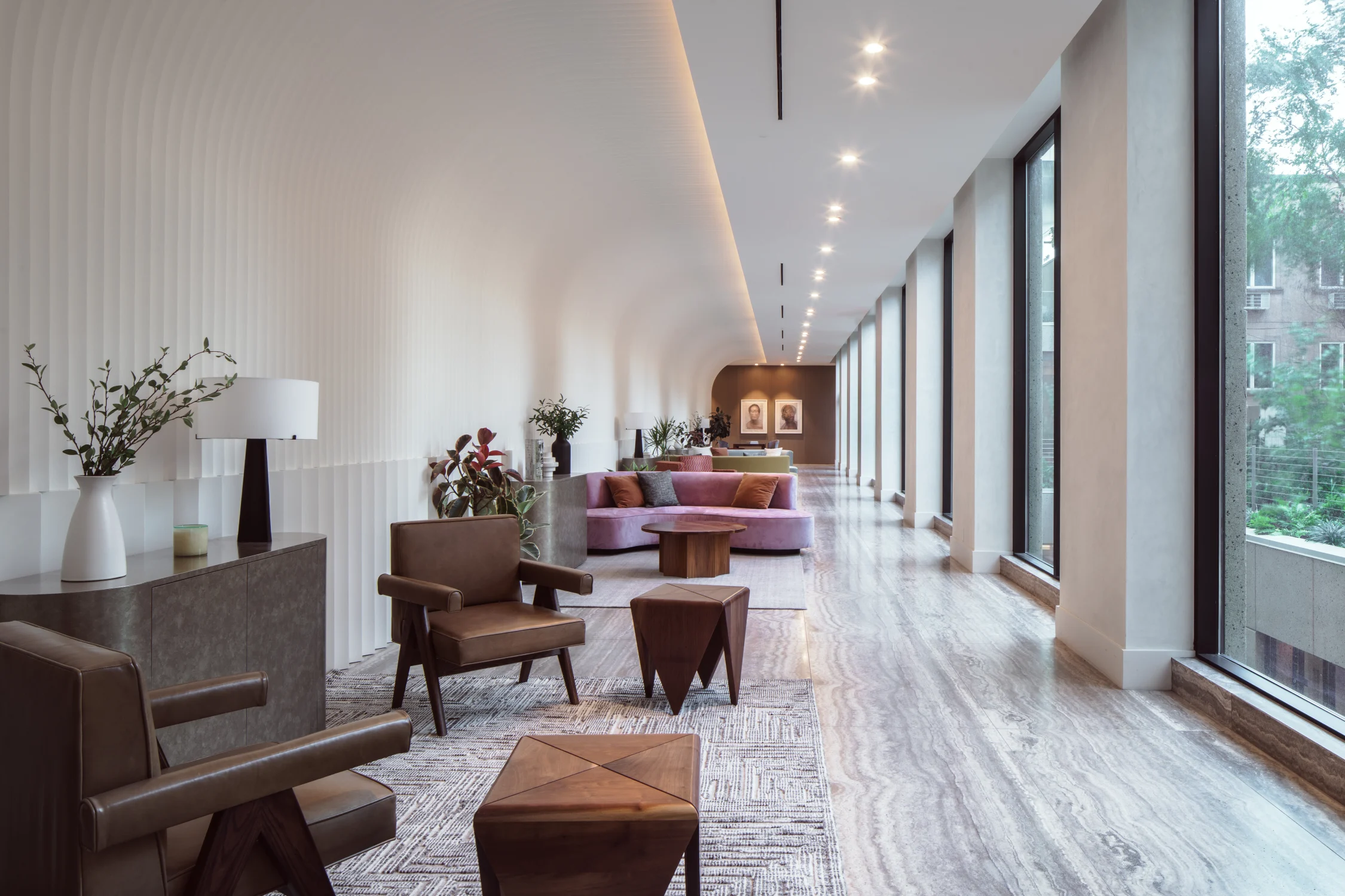 seating area, hallway, windows, sofas, arch