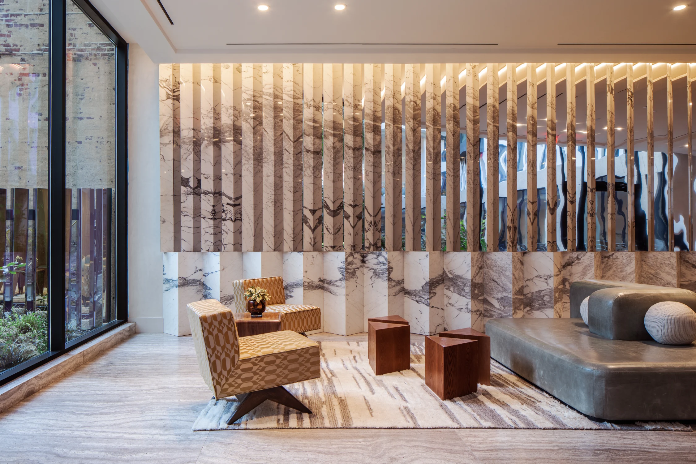 lobby, seating area, reception desk, glass doors