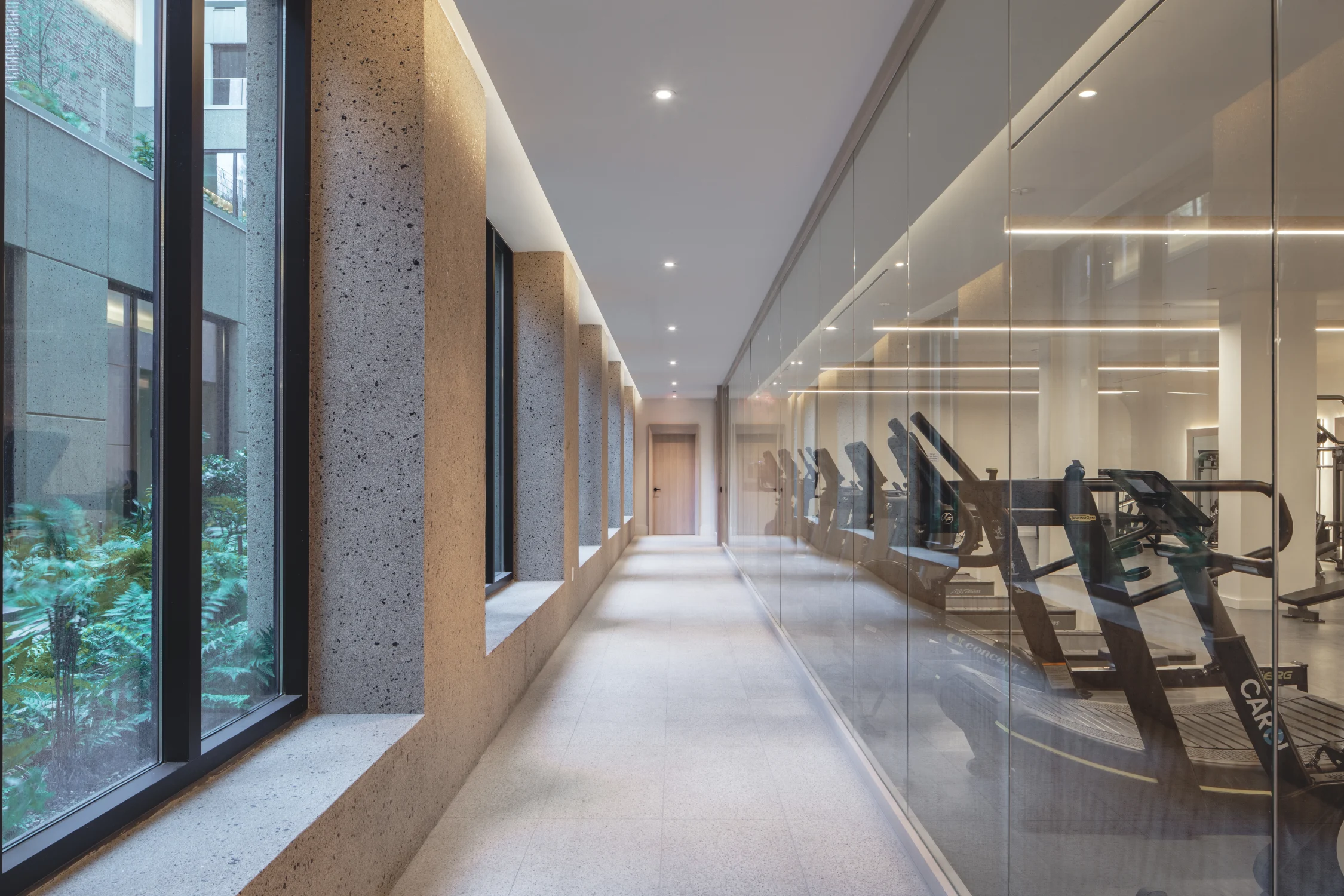 gym, hallway, glass, windows