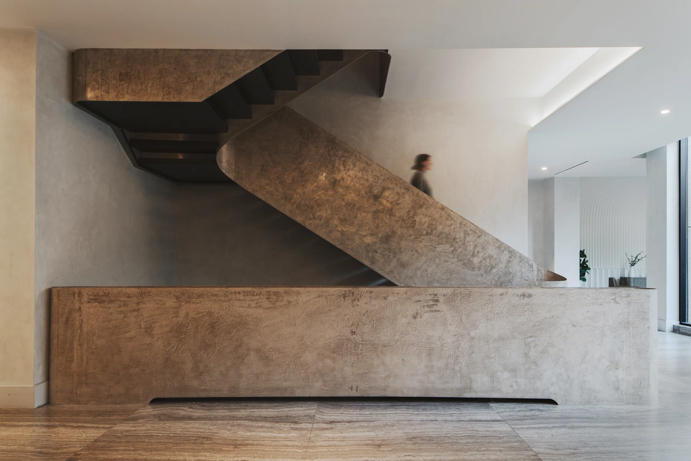 stairs, metal, transition, railing, sculptural