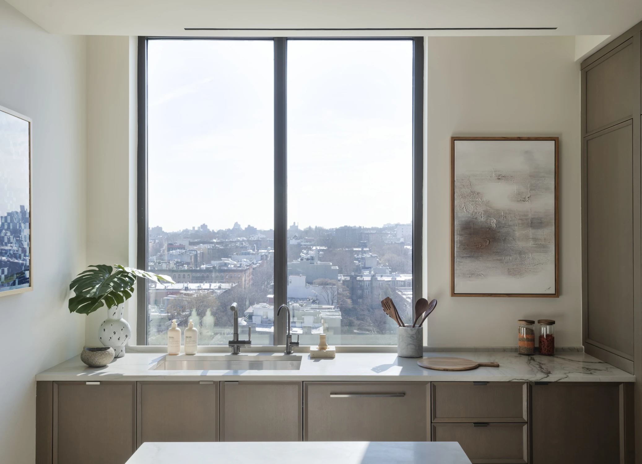 kitchen, sink, counter, art, window