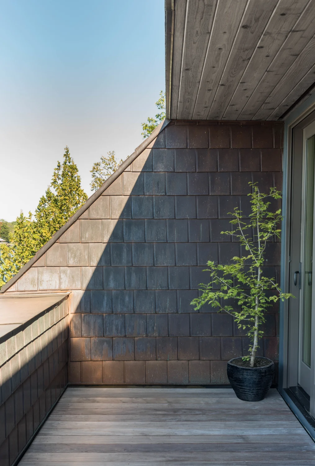 copper, shingles, terrace, wood, planter