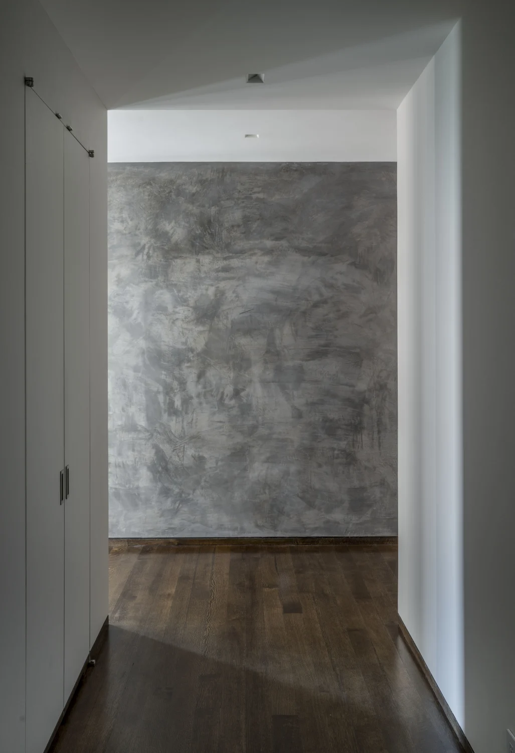 foyer, wood floor, plaster, tadelakt