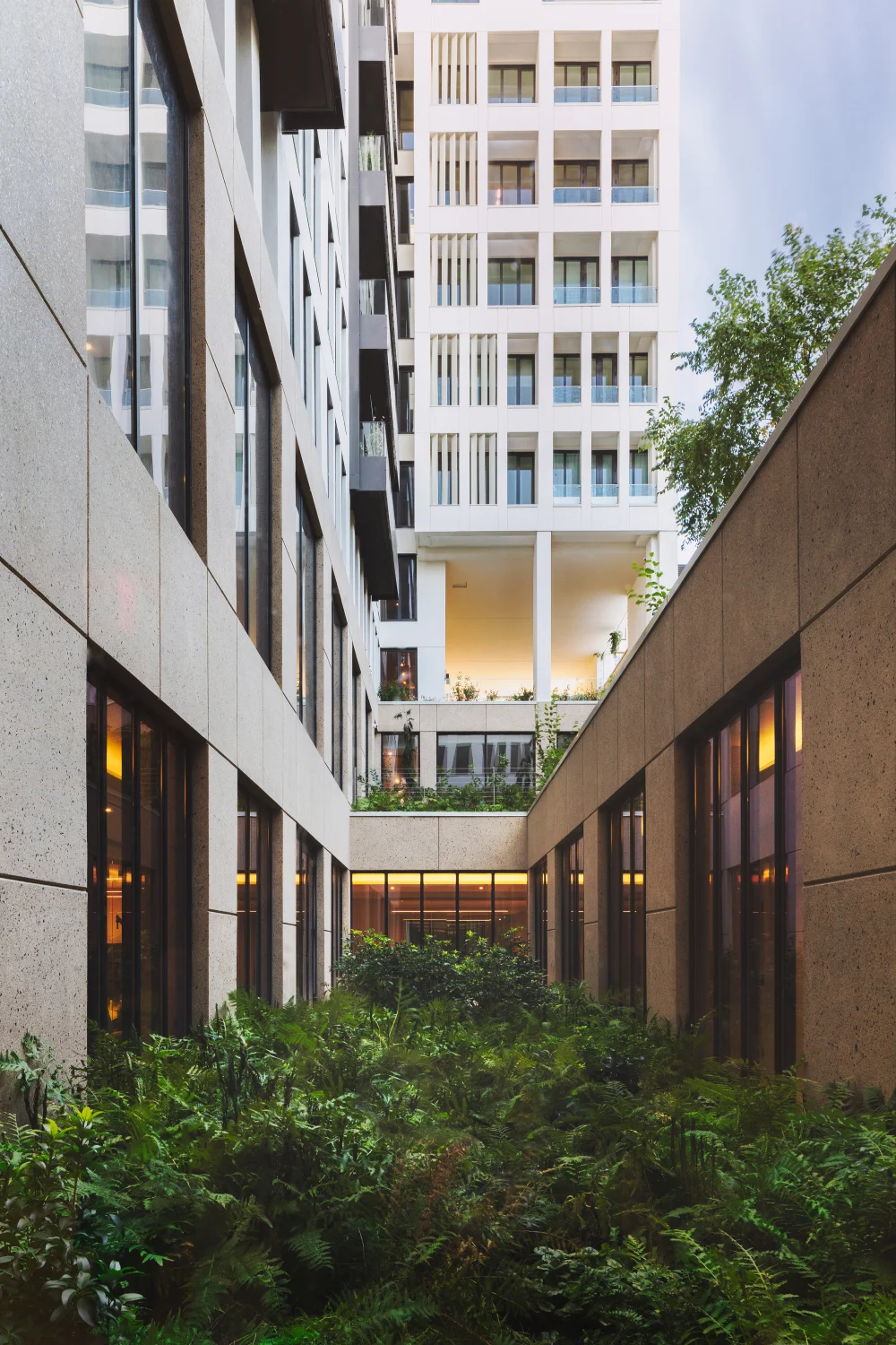 exterior, apartment building, terra cotta, condos, garden
