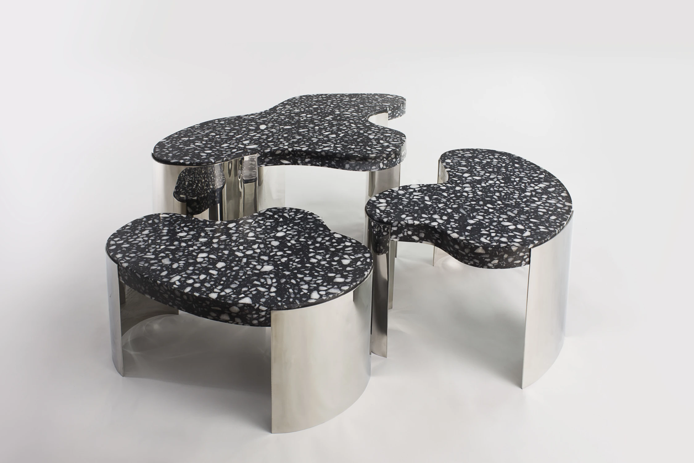 TABLE, CONFIGUATION, TERRAZZO, ORGANIC, METAL, POLISHED