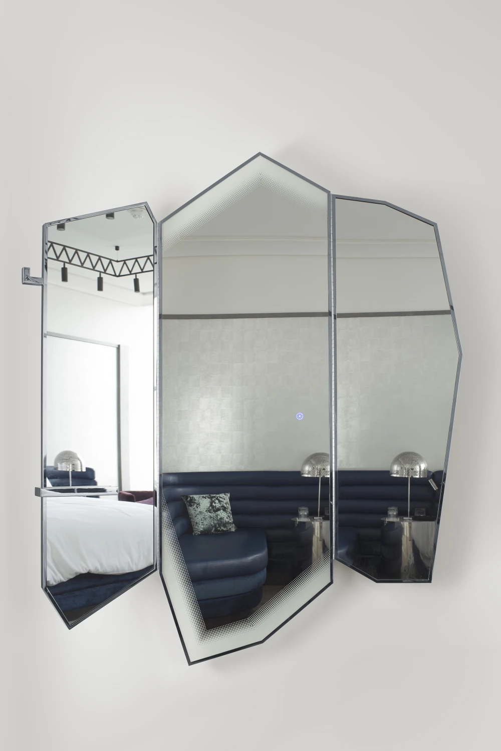 THREE, PANELS, MIRROR, FACETED, BACK LIT, METAL, FRAME, FOLDING