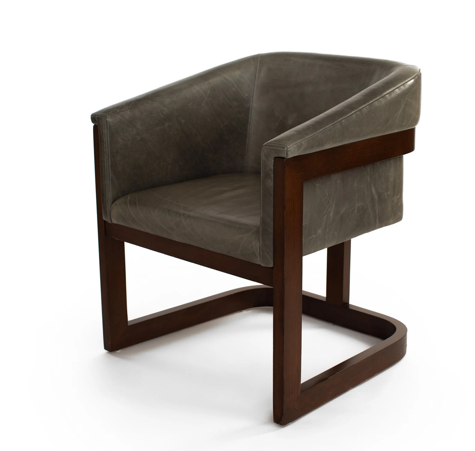 ARM CHAIR, DARK, WOOD, LEATHER, CURVED