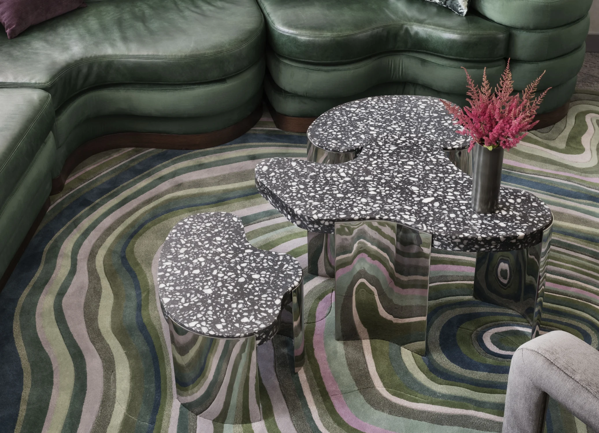 TABLE, IN SITU, TERRAZZO, ORGANIC, METAL, POLISHED