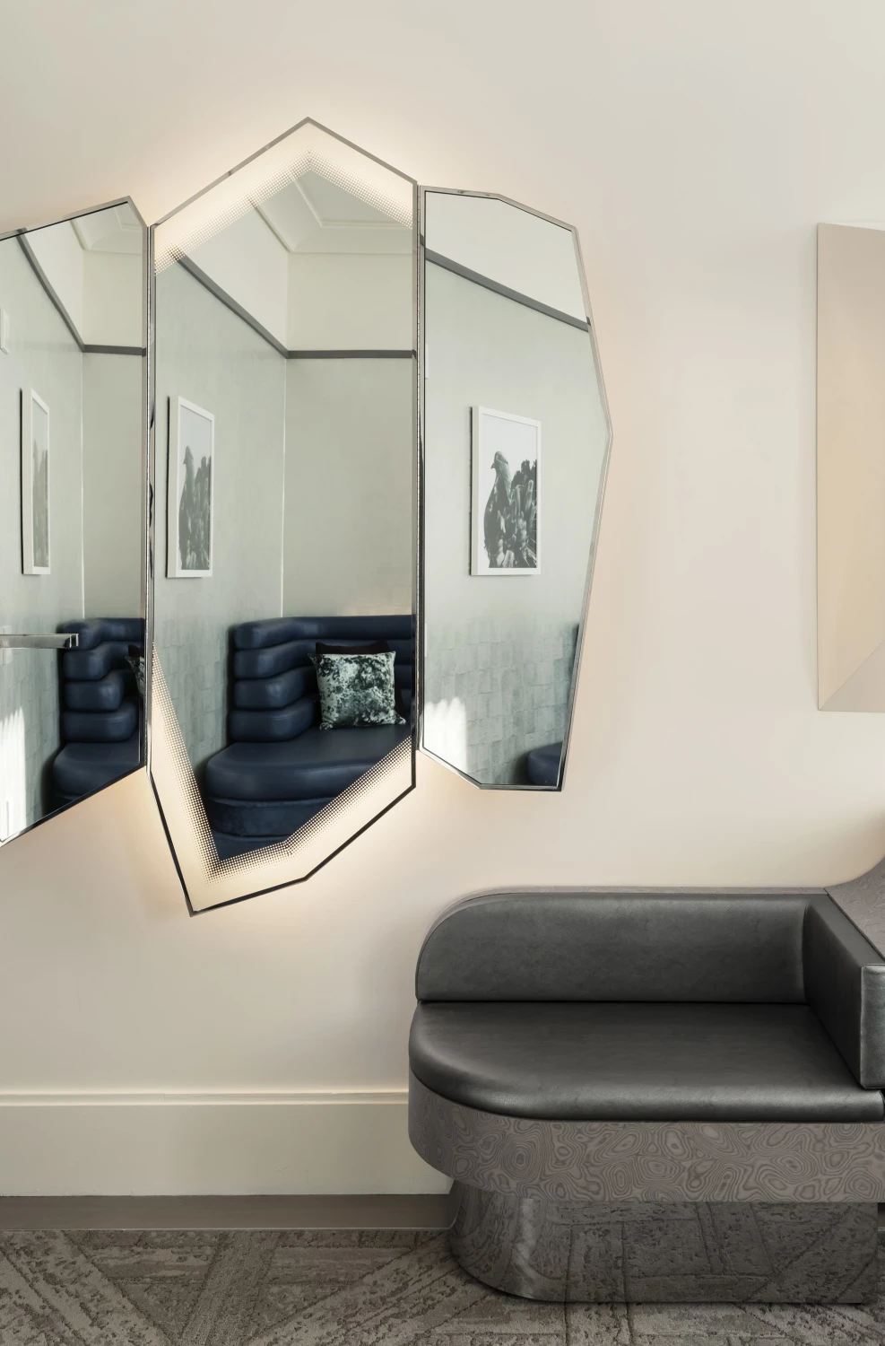 GUESTROOM, MIRROR, FACETED, BACK LIT, METAL, FRAME, FOLDING
