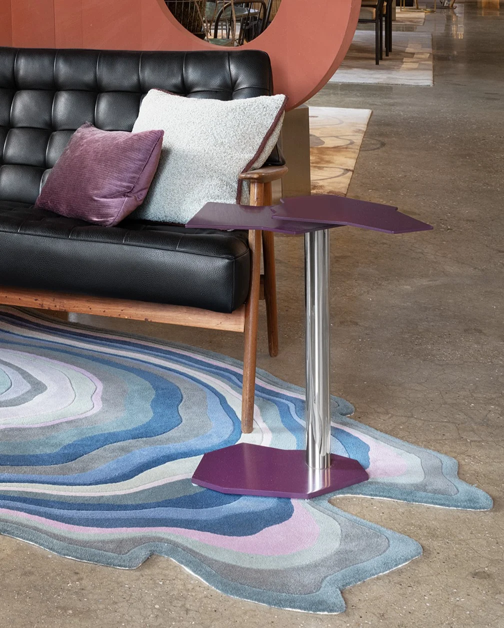 RUG, SOFA, PURPLE, SIDE TABLE, SWIVEL