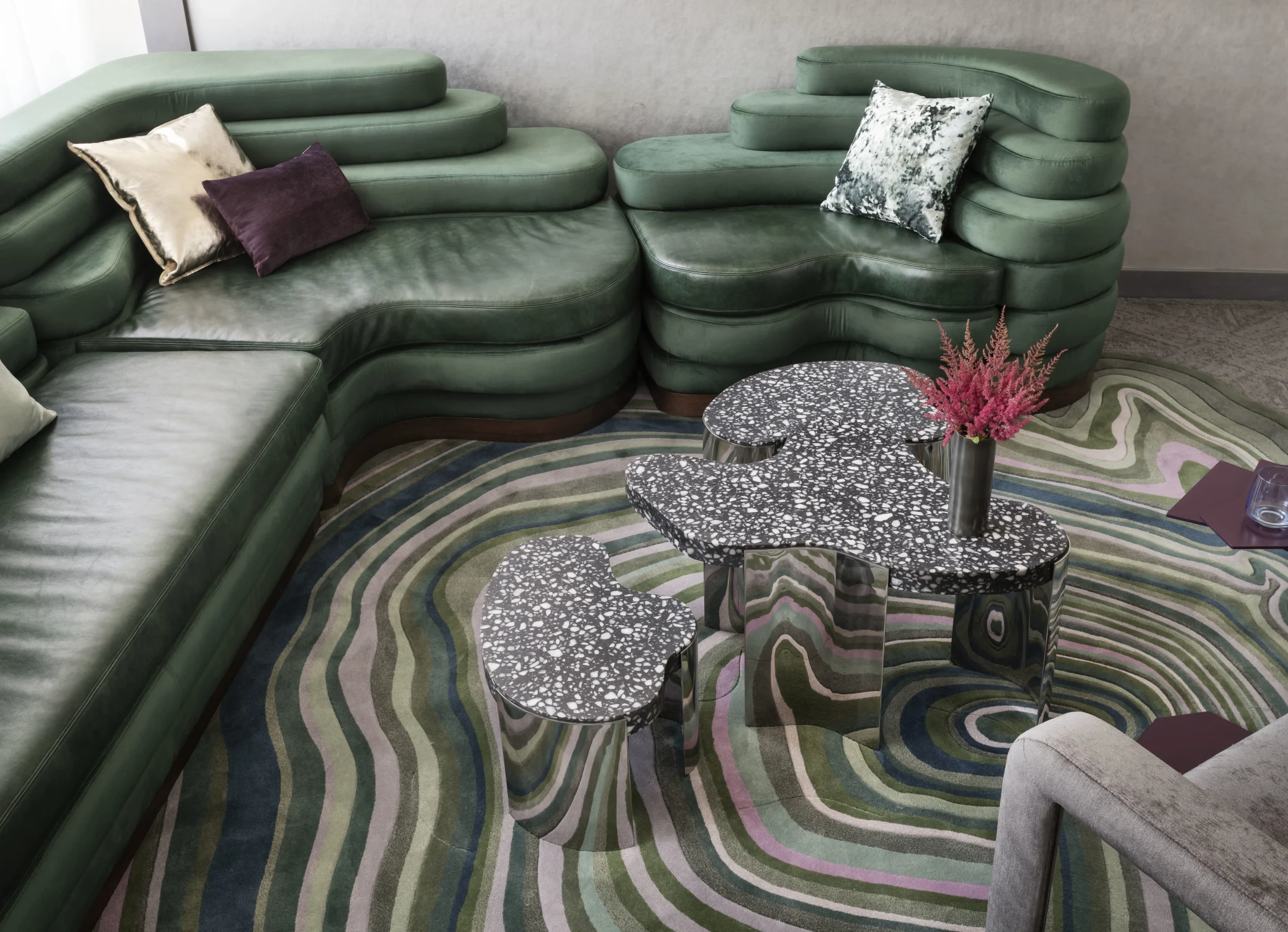 sofa, green, coffee table, paint pour rug