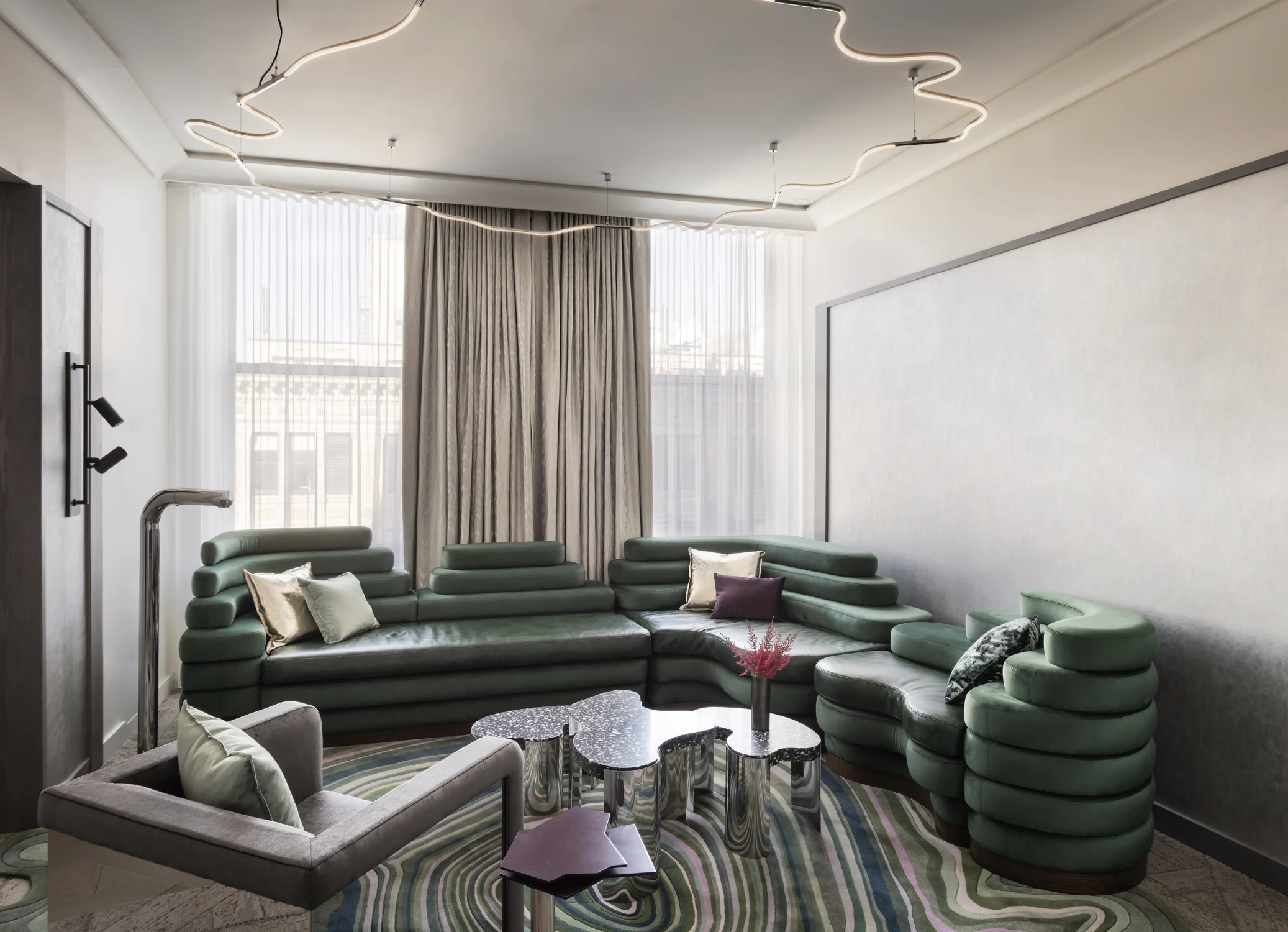 suite, sofa, neon, green, coffee table, paint pour rug