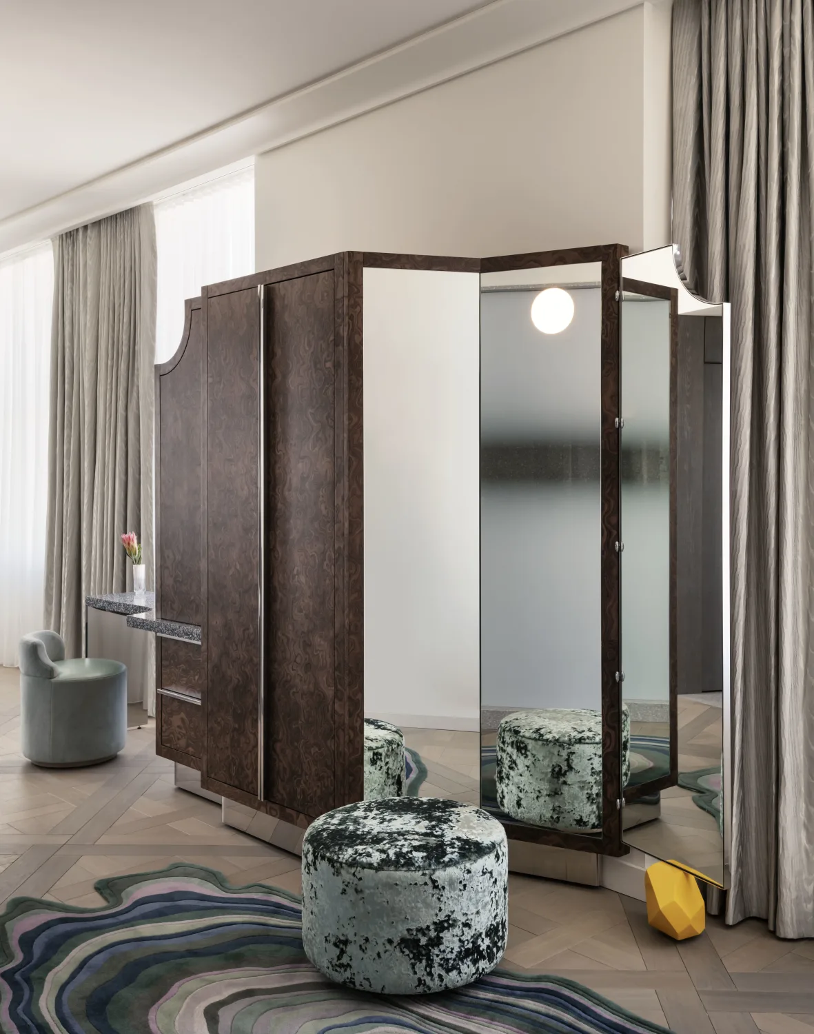 suite, armoire, wardrobe, burl, wood, mirror