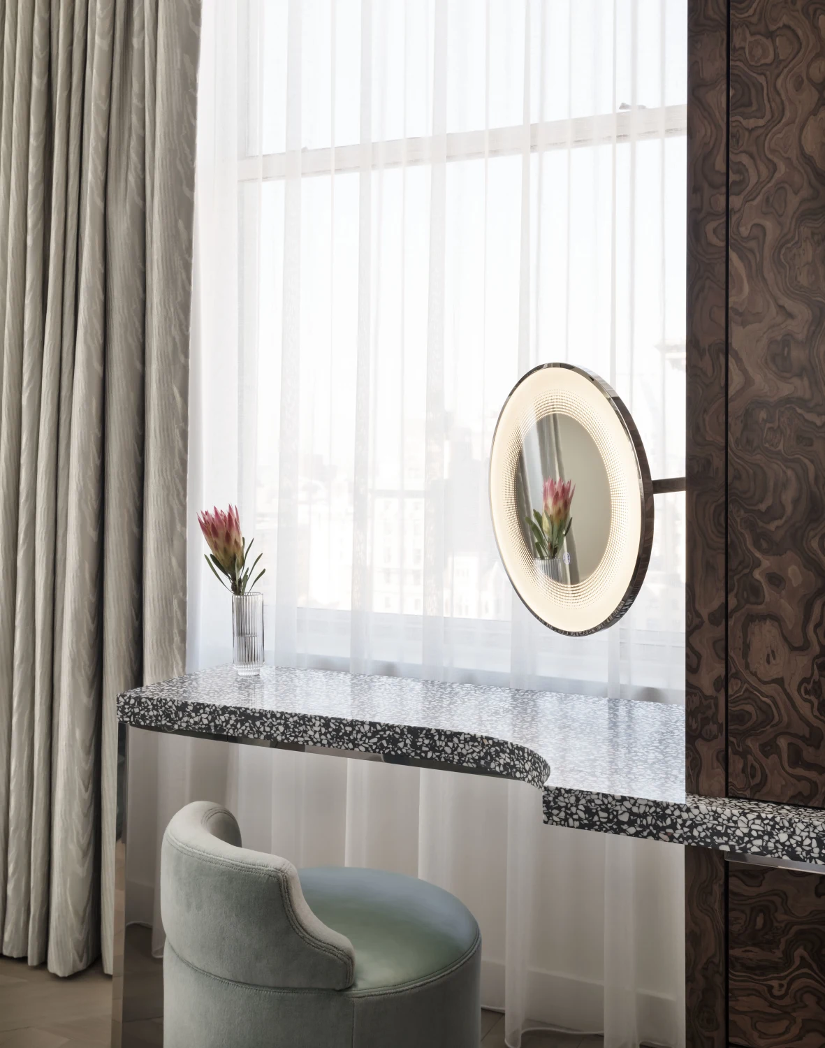 terrazzo, makeup mirror, side chair, velvet, drapery