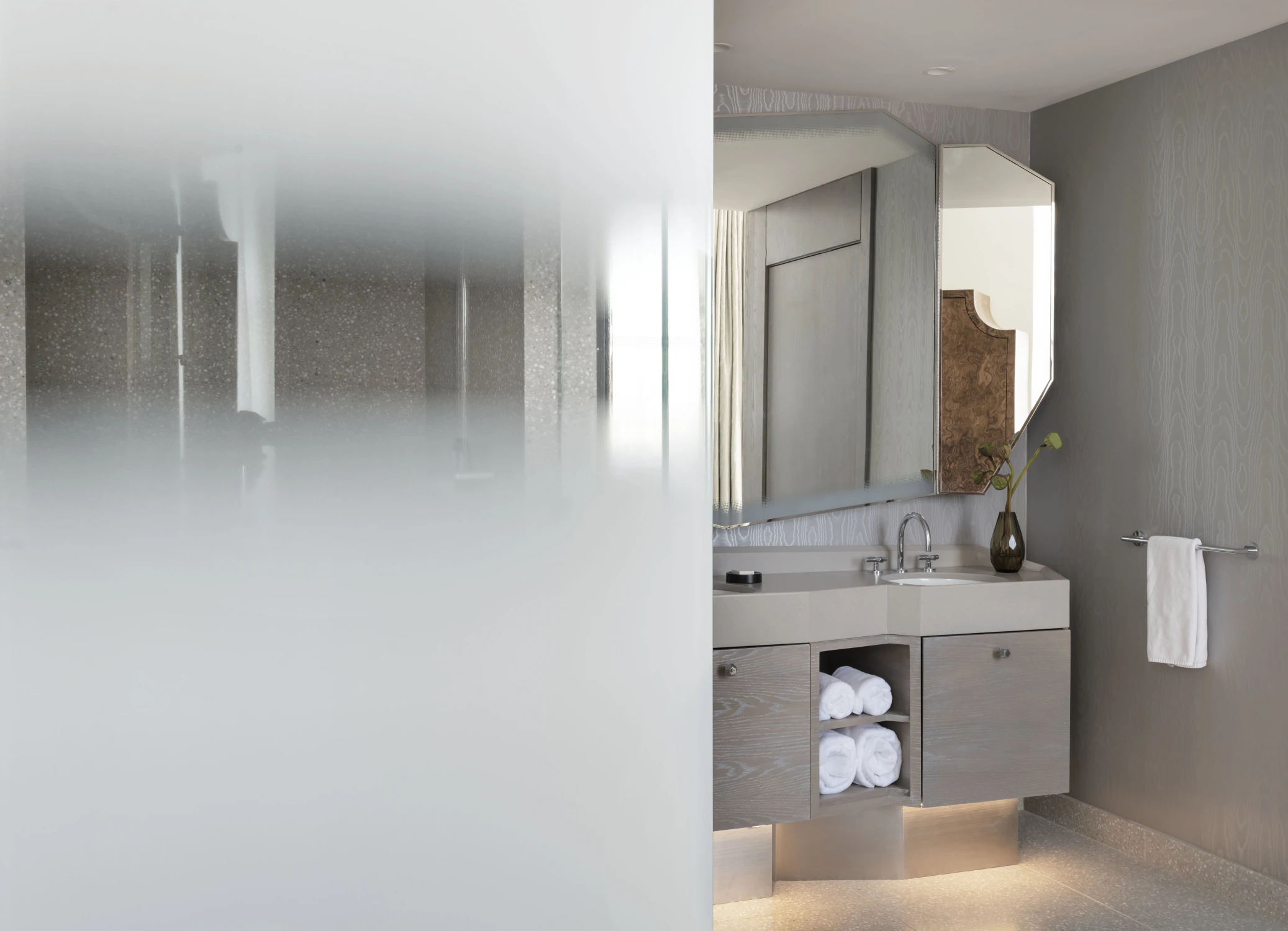 shower, ombre, bathroom, vanity, silver wood, terrazzo