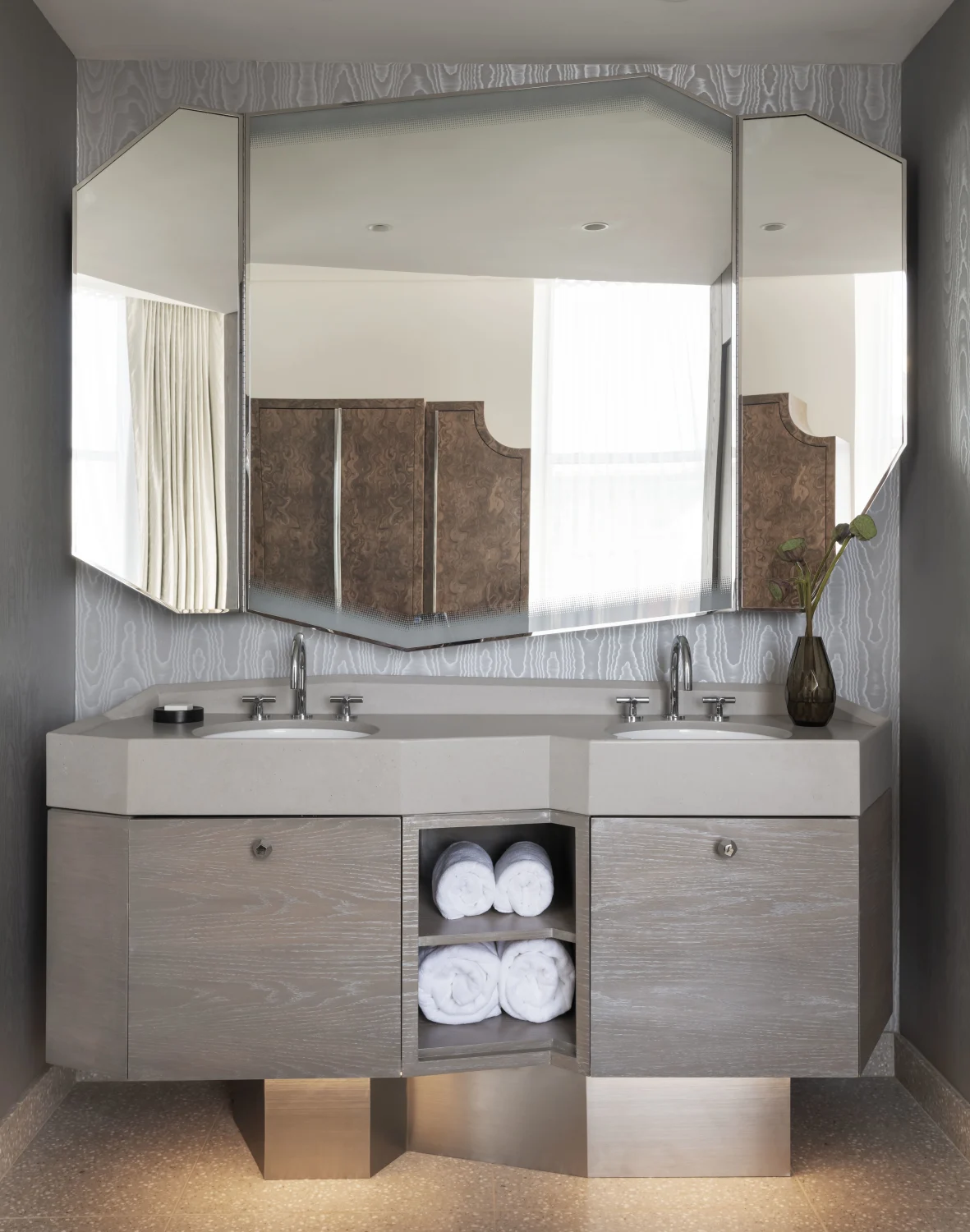 faceted mirror, bathroom, vanity, silver wood, terrazzo