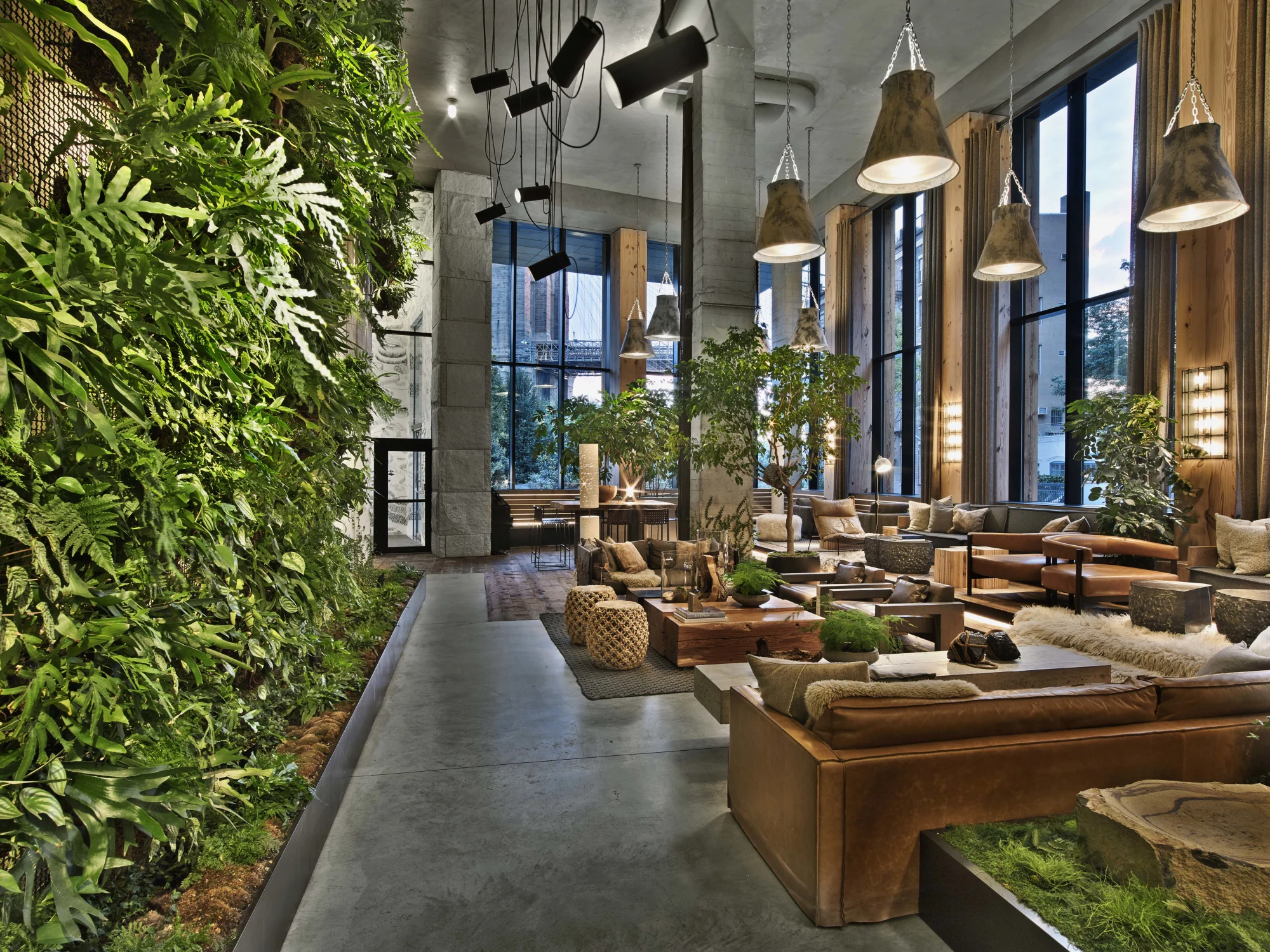 Greenery, Lounge,  Wooden Tables,  Cozy,  Nature,  Leather Sofas,  Sustainable,  Texture,  Biophilic , Modern