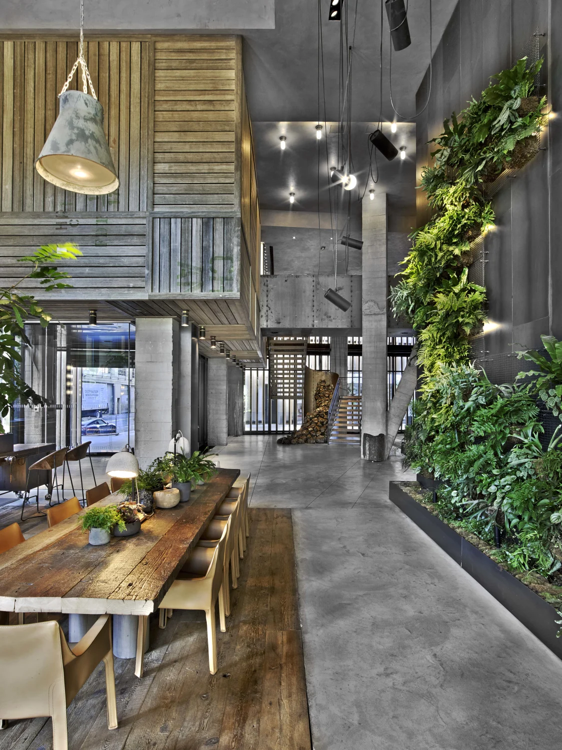 Industrial, Timber,  Pendant Light , Green Wall,  Concrete,  Communal Table,  High Ceiling , Natural Light,  Loft,  Contemporary