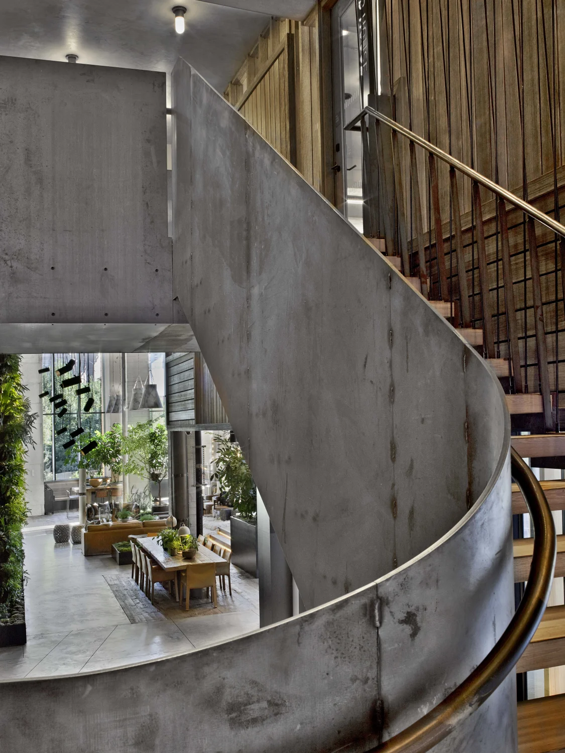 Curved,  Concrete,  Handrail,  Wood , Stairs,  Greenery , Dining,  Natural,  Vertical , Open, Wood panels,