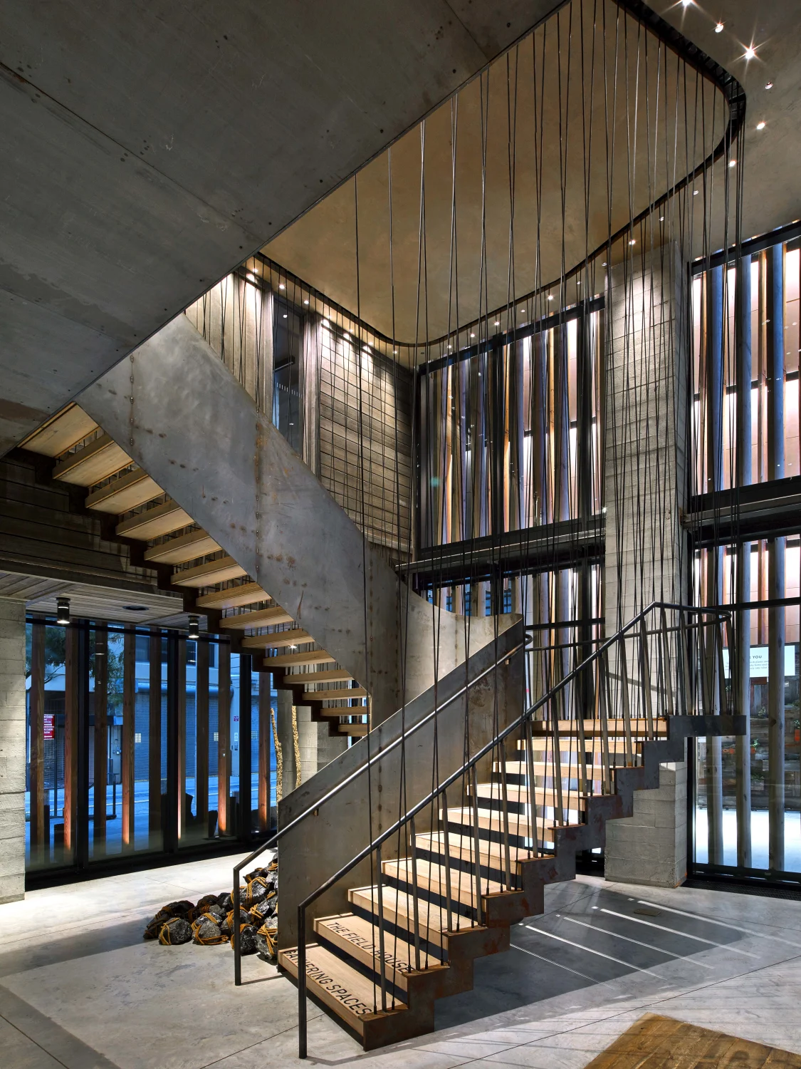 Staircase,  Concrete,  Metal ,Wood,  Industrial, Suspended , Lighting,  Glass,  Symmetry,  Modern