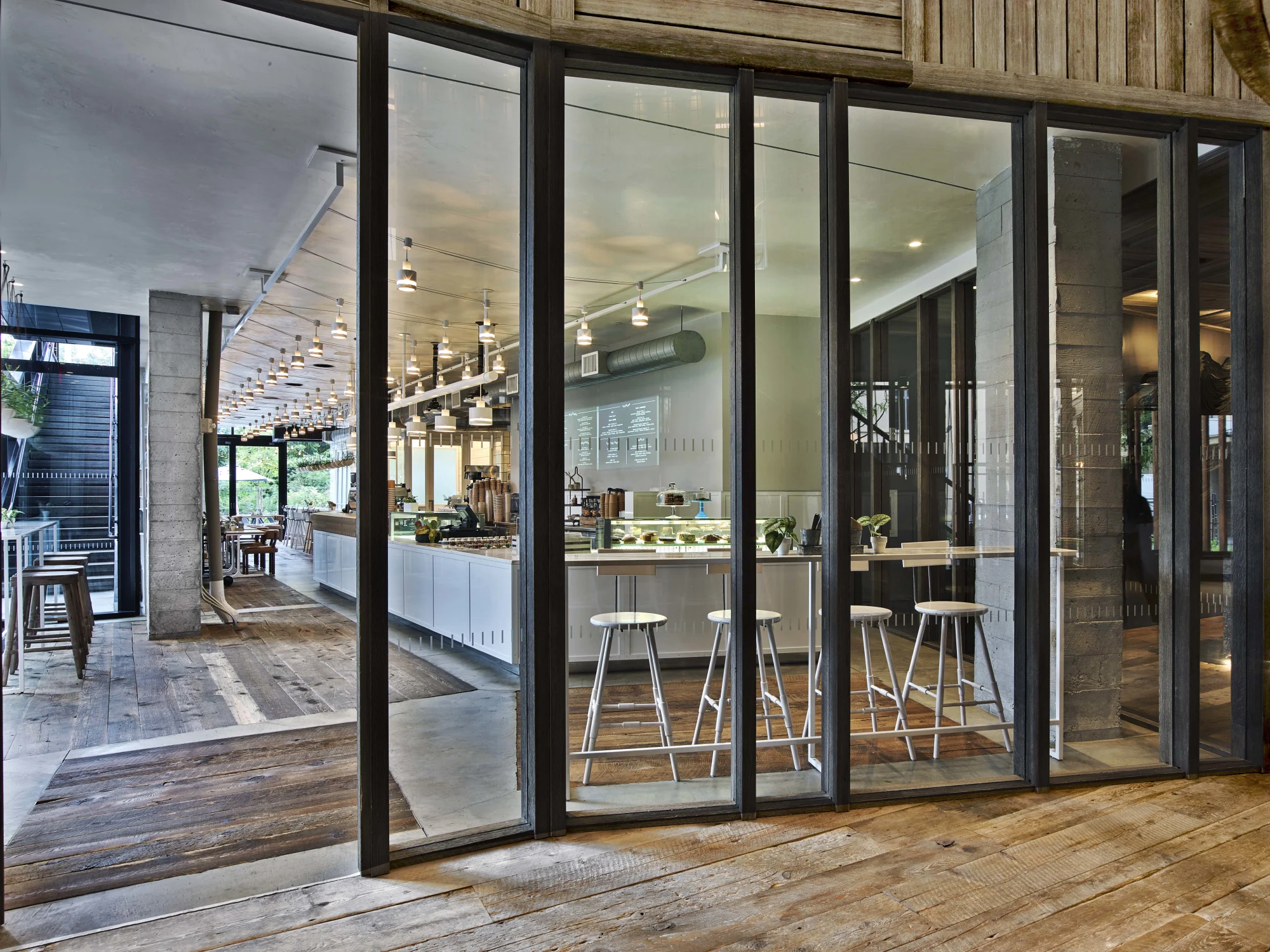 Glass,  Barstools,  Counter,  Lighting,  Wood , Panels,  Kitchen,  Industrial,  Seating,  Modern