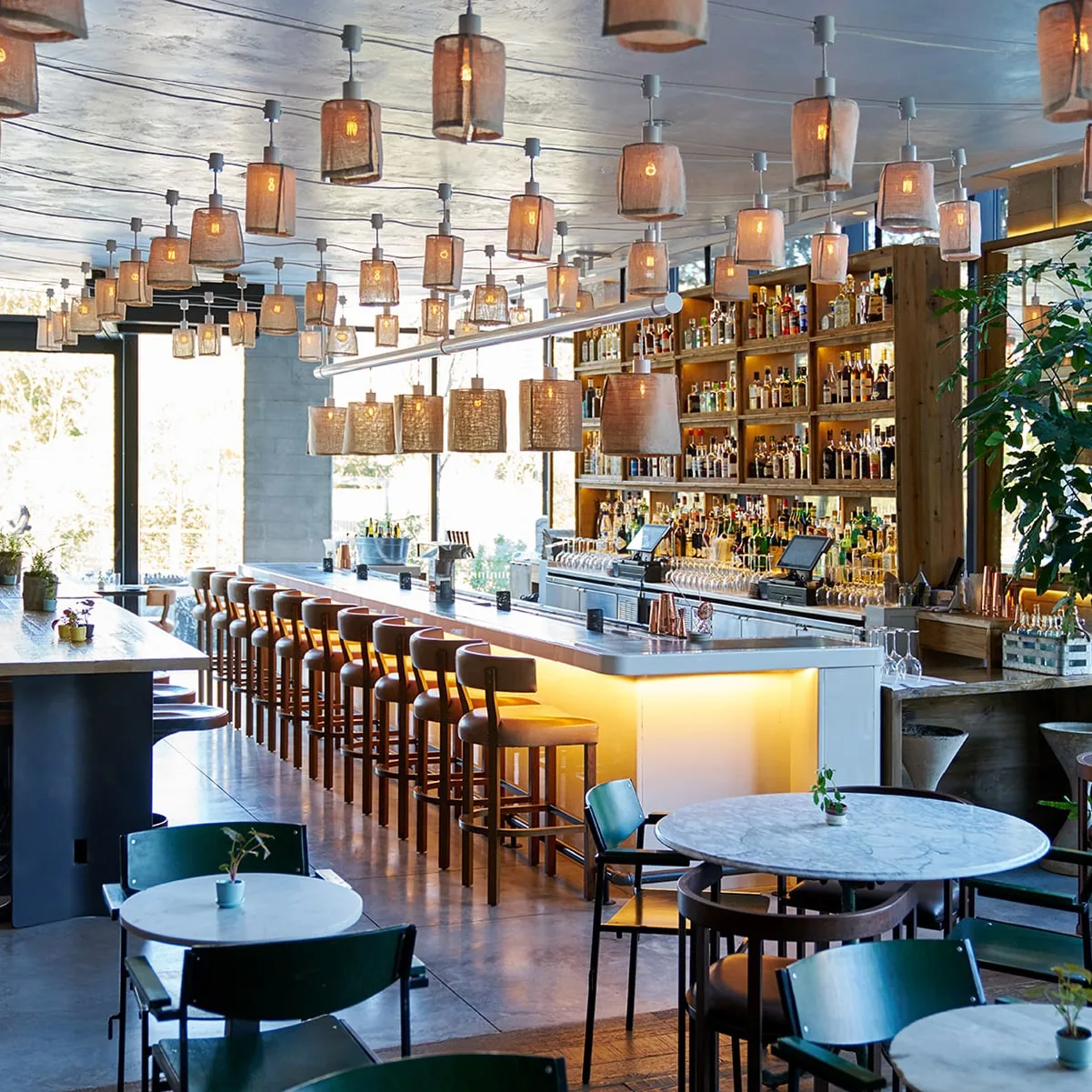 Bar counter,  Wooden shelves,  Hanging lanterns,  Marble tables,  Bar stools,  Liquor, lights,  Glassware,  Green chairs,  Indoor tree