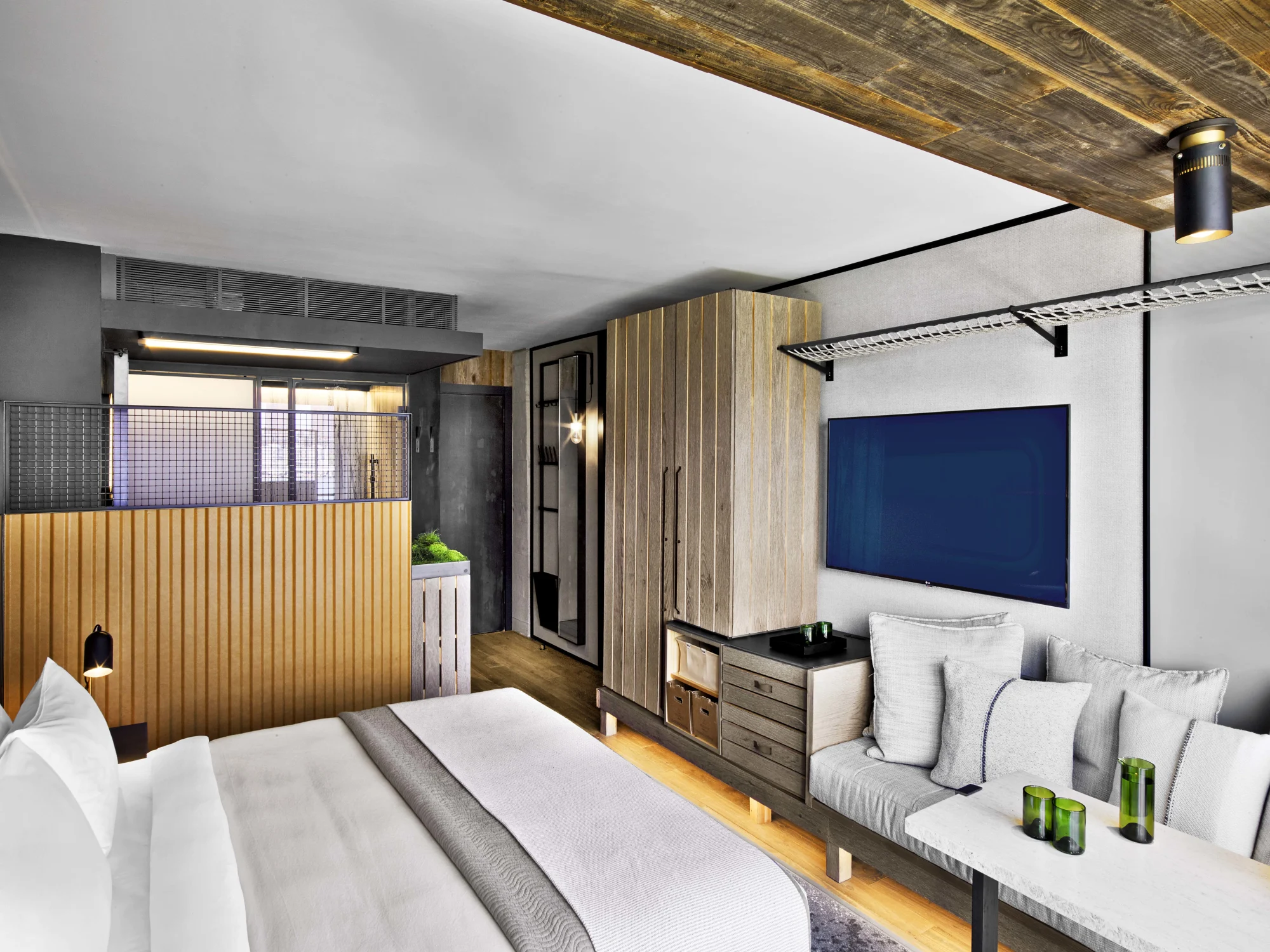 Bed,  Sofa,  Wooden ceiling,  Track light,  Wall paneling , Wardrobe , TV,  Throw pillows,  Glass,  coffee table