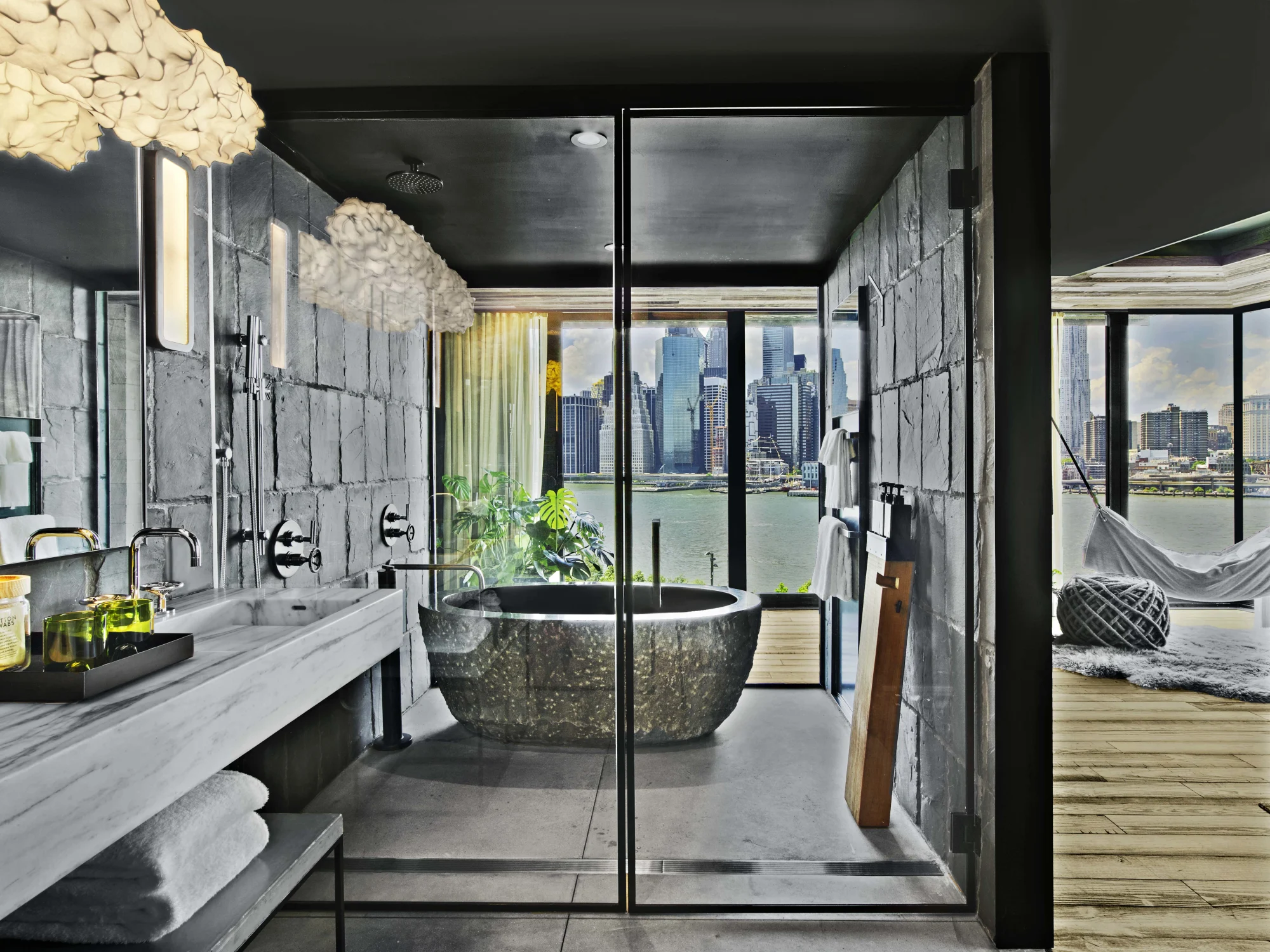 sinks  Pendant lights  Towel ,shelf,  Vanity, counter,  Mirror,   tiles  fixtures  Glass  Stone Skyscrapers