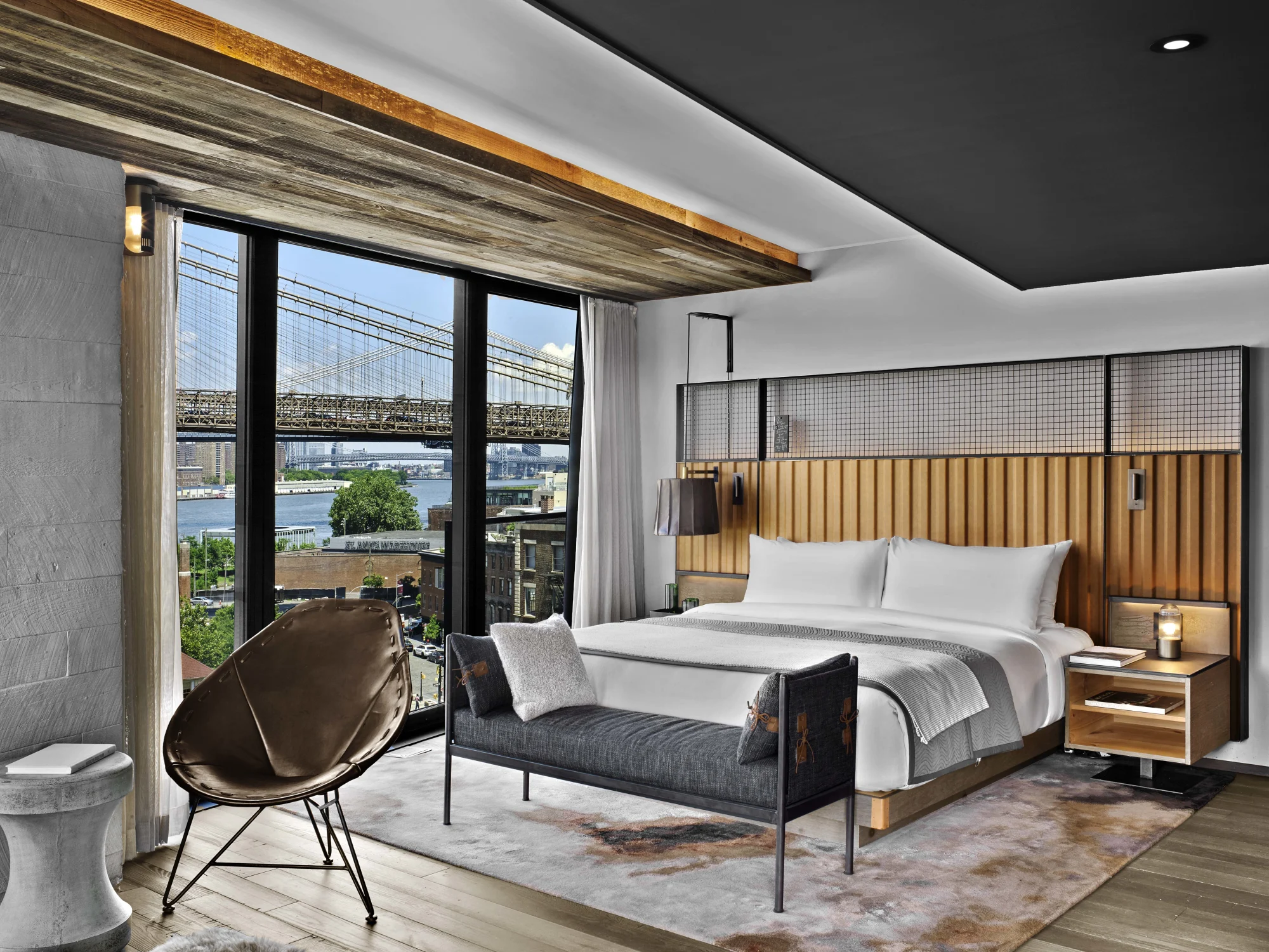 Chair,  Window,  Rug,  Nightstand,  Bed,  Pillows,  Bridge,  Lamp, Wood,  Artwork