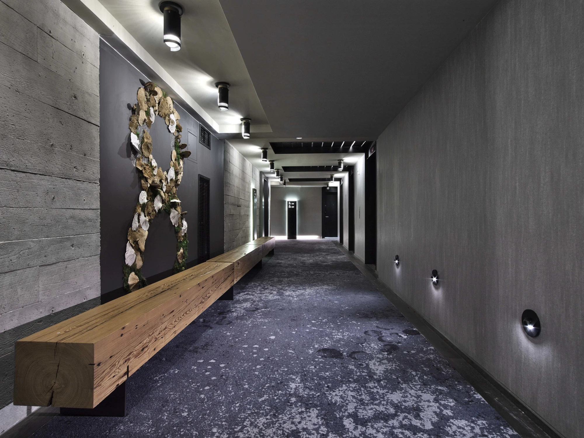Corridor  Concrete ,Bench,  Lighting,  Art,  Minimalist,  Carpet,  Shadows , Texture , Contemporary