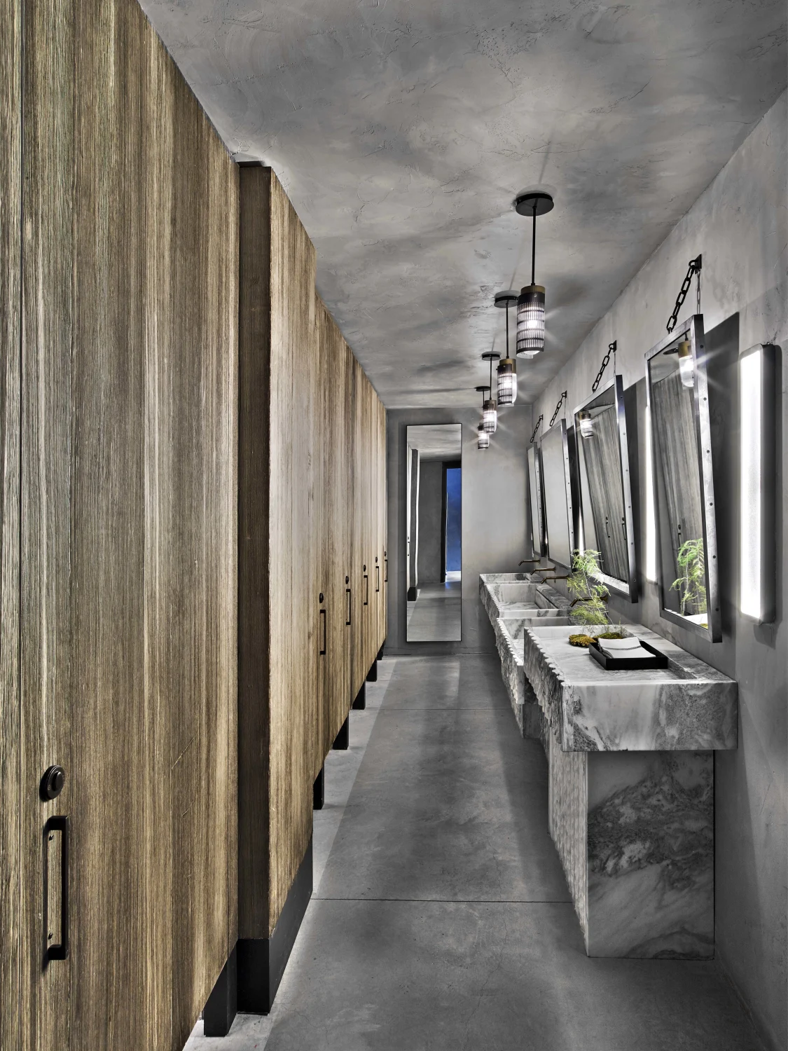 Marble, Vanity,  Mirrors,  Pendant, lights,  Sink,s  Concrete,  Wooden doors,  Lighting fixtures,  Plants,  Reflection